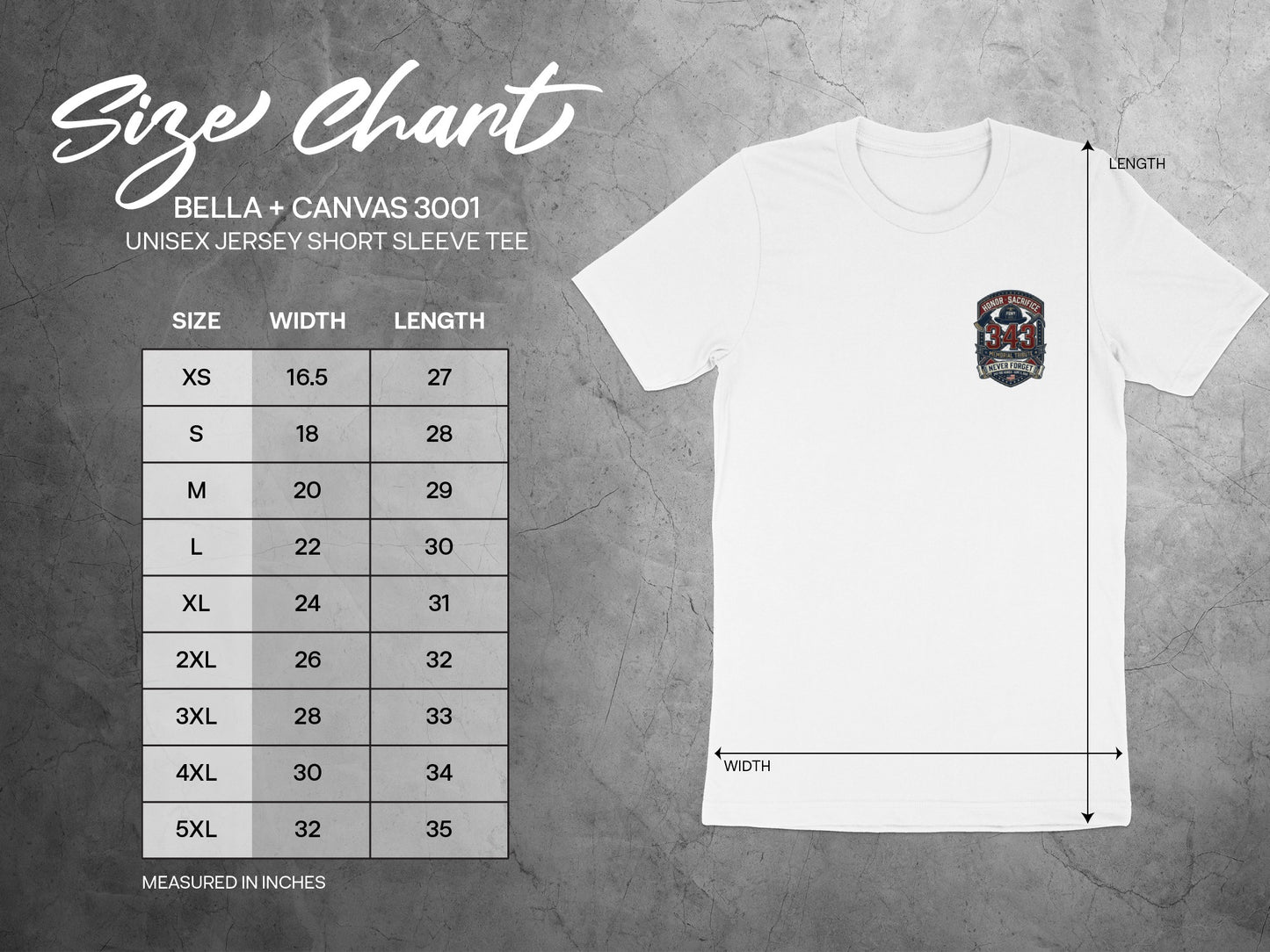 BELLA + CANVAS 3001 UNISEX T-shirt size chart with width and length measurements in inches.