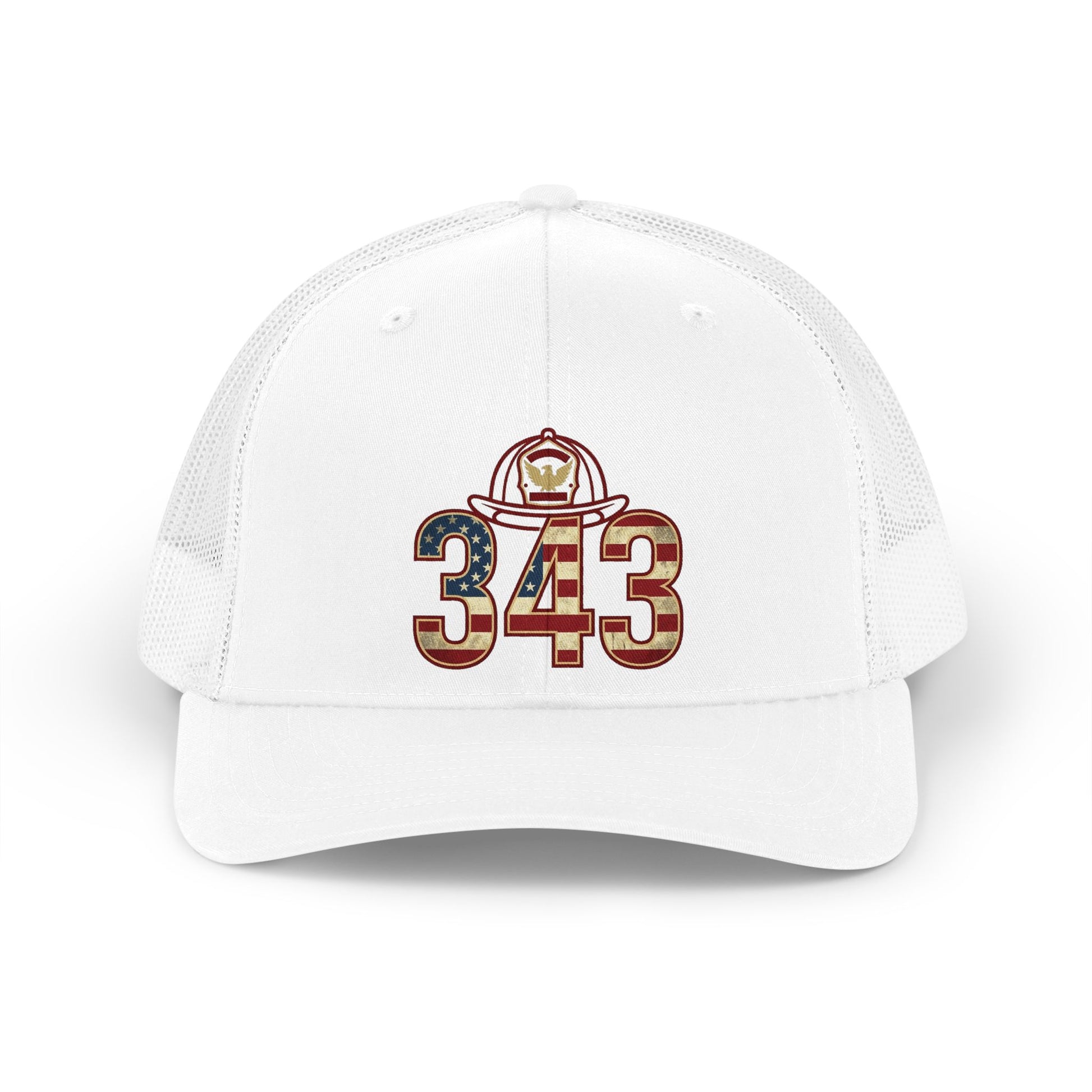 White trucker hat with a firefighter helmet and "343" in American flag pattern.