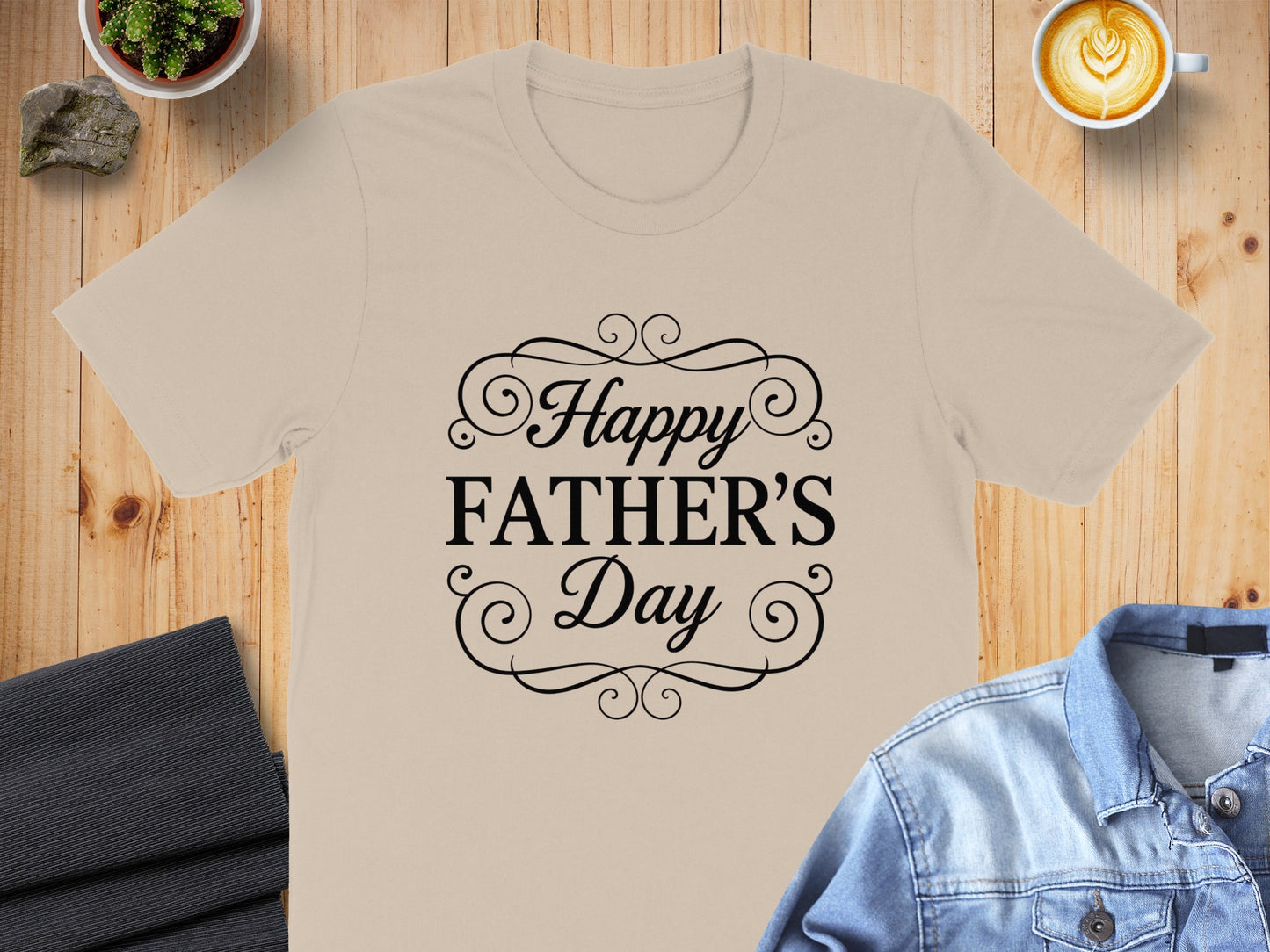 Tan t-shirt with "Happy Father's Day" text in decorative black font.
