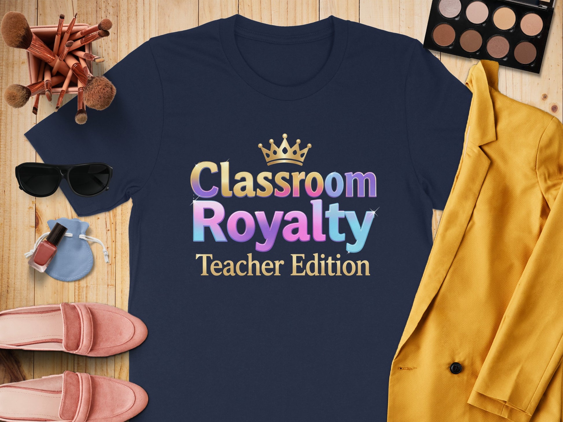 Navy t-shirt with "Classroom Royalty Teacher Edition" text and crown graphic.