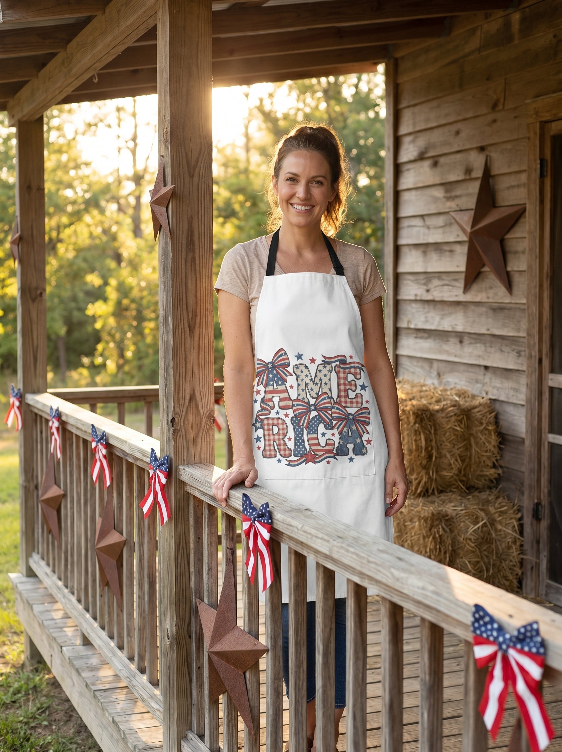 Lifestyle photo of woman wearing Vintage America Bow and Star apron on a farmhouse porch