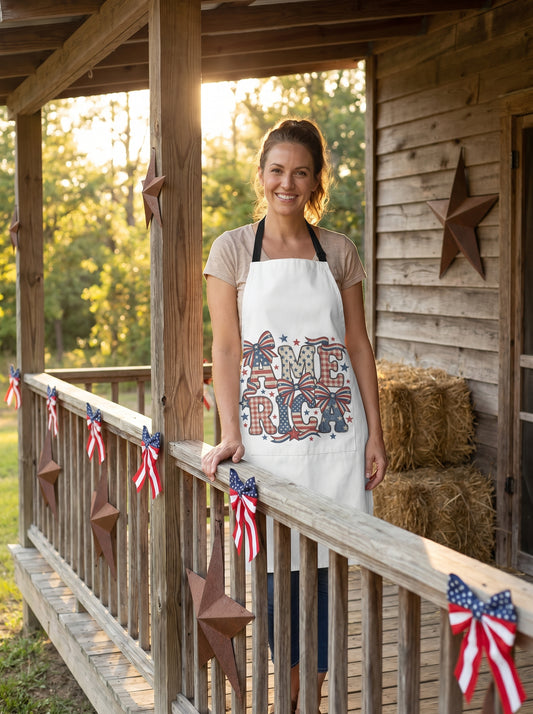 Lifestyle photo of woman wearing Vintage America Bow and Star apron on a farmhouse porch