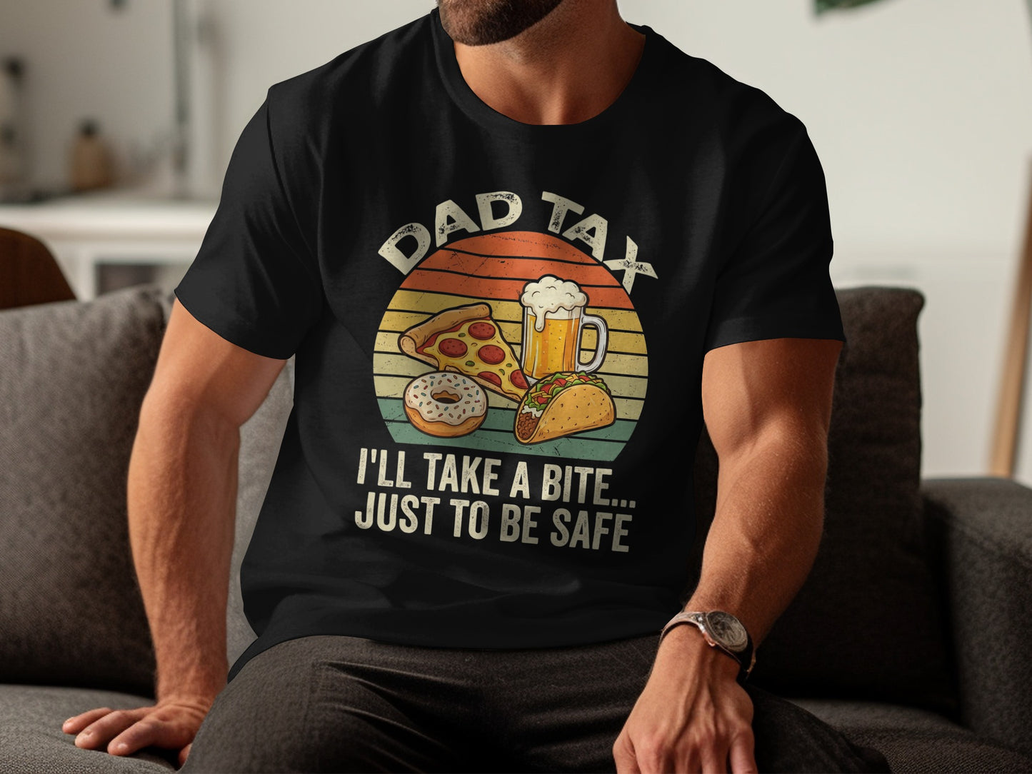 Dad tax graphic with pizza, donut, taco, and beer.