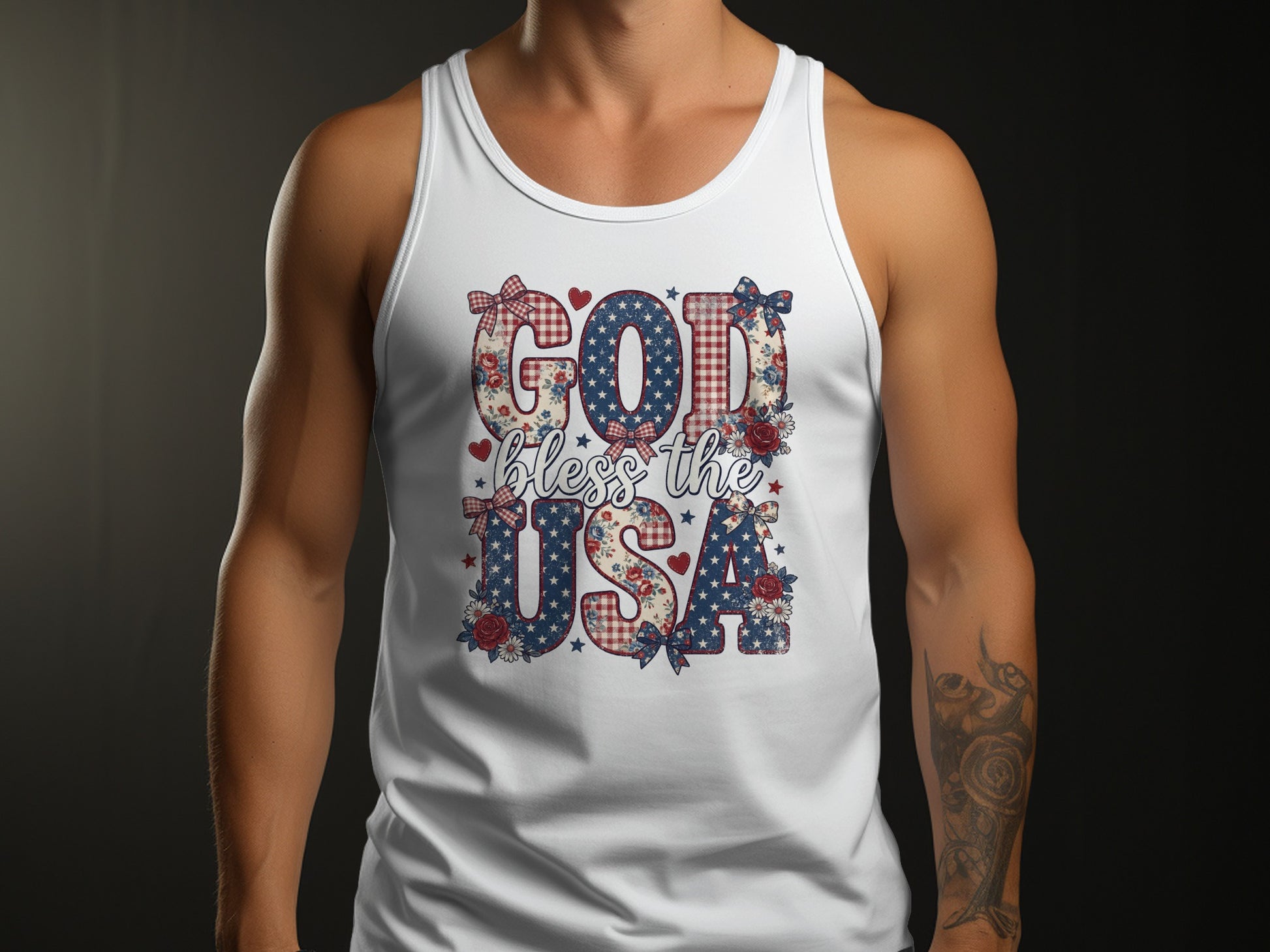 White tank top with "GOD bless the USA" text in patriotic patterns.