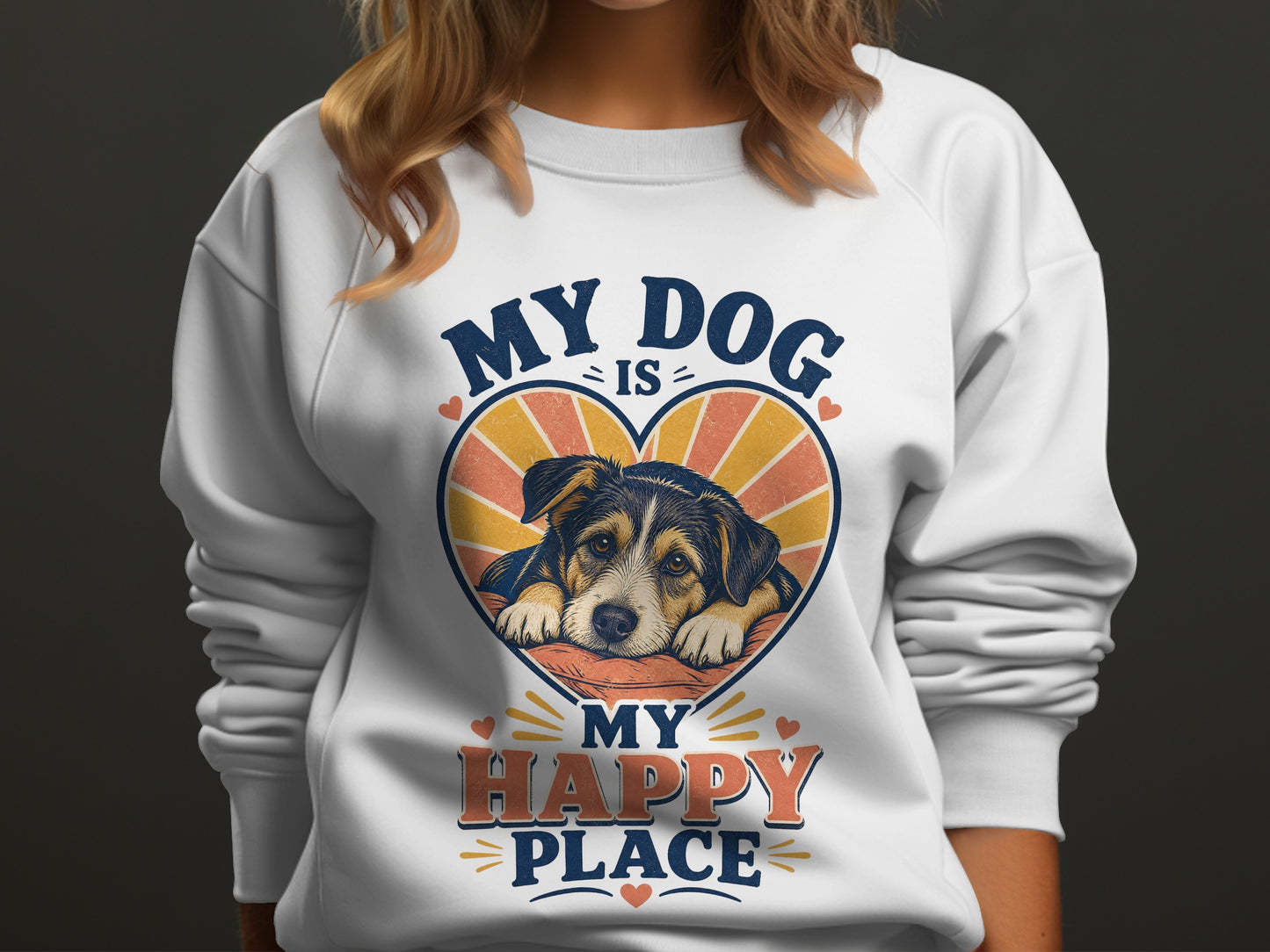 White sweatshirt with vintage graphic of dog in heart, text reads "My Dog Is My Happy Place".