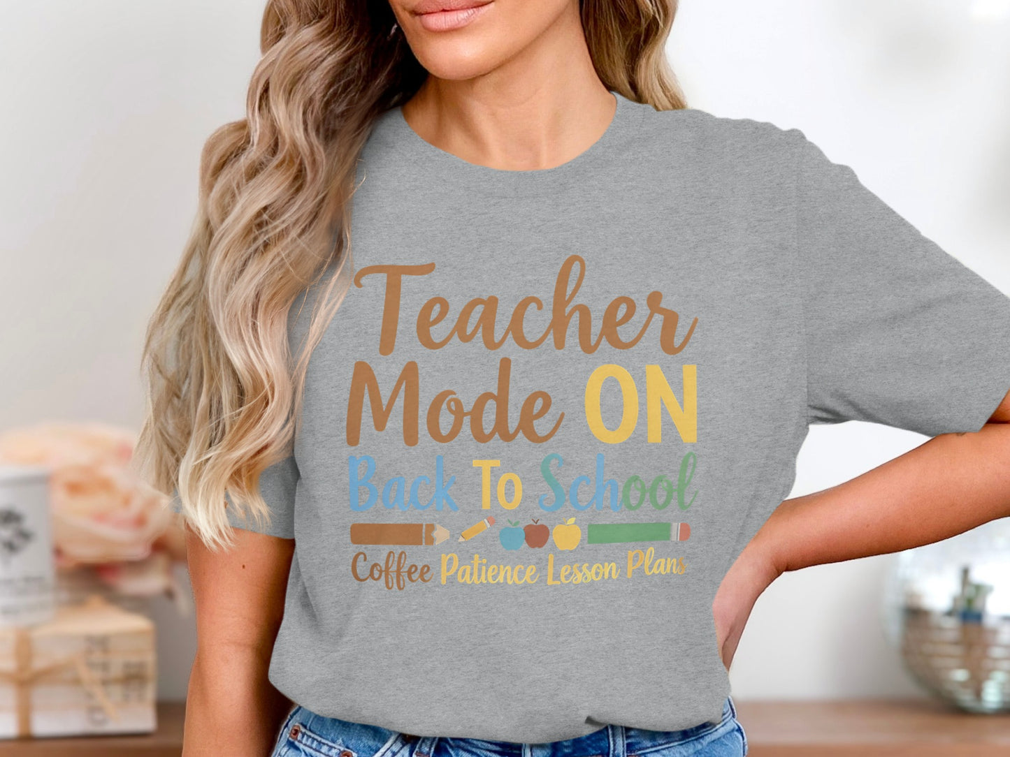 "Teacher Mode ON Back To School" text with school supplies icons and "Coffee Patience Lesson Plans"