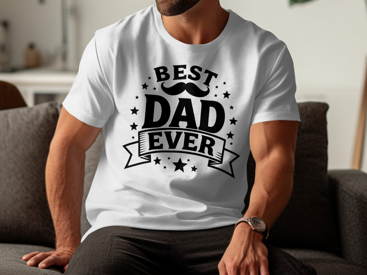 White t-shirt with "Best Dad Ever" text and stars.