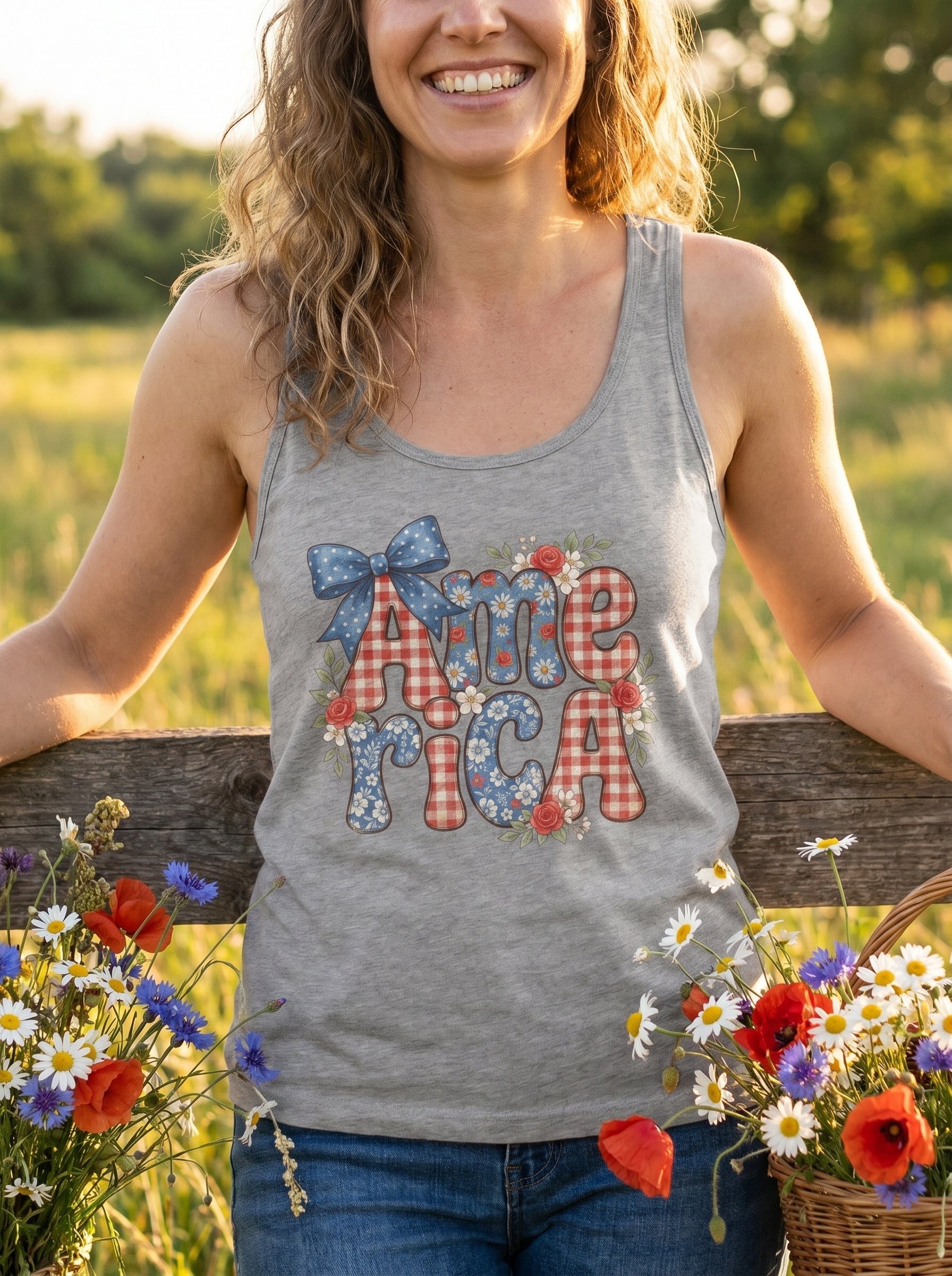 Lifestyle photo of woman wearing Rustic Bloom America Tank Top