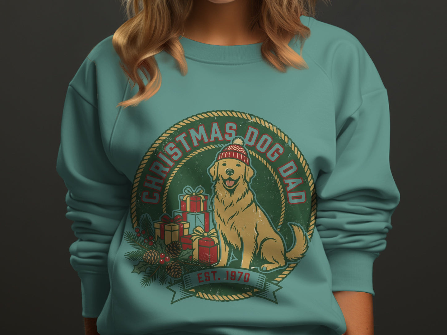 Teal sweatshirt with a "Christmas Dog Dad" graphic featuring a golden retriever and gifts.