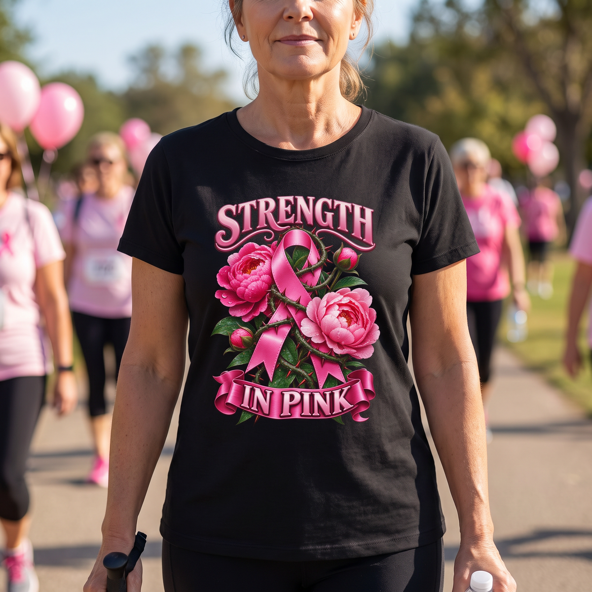 Woman wearing the Strength in Pink breast cancer awareness t-shirt at an outdoor awareness walk