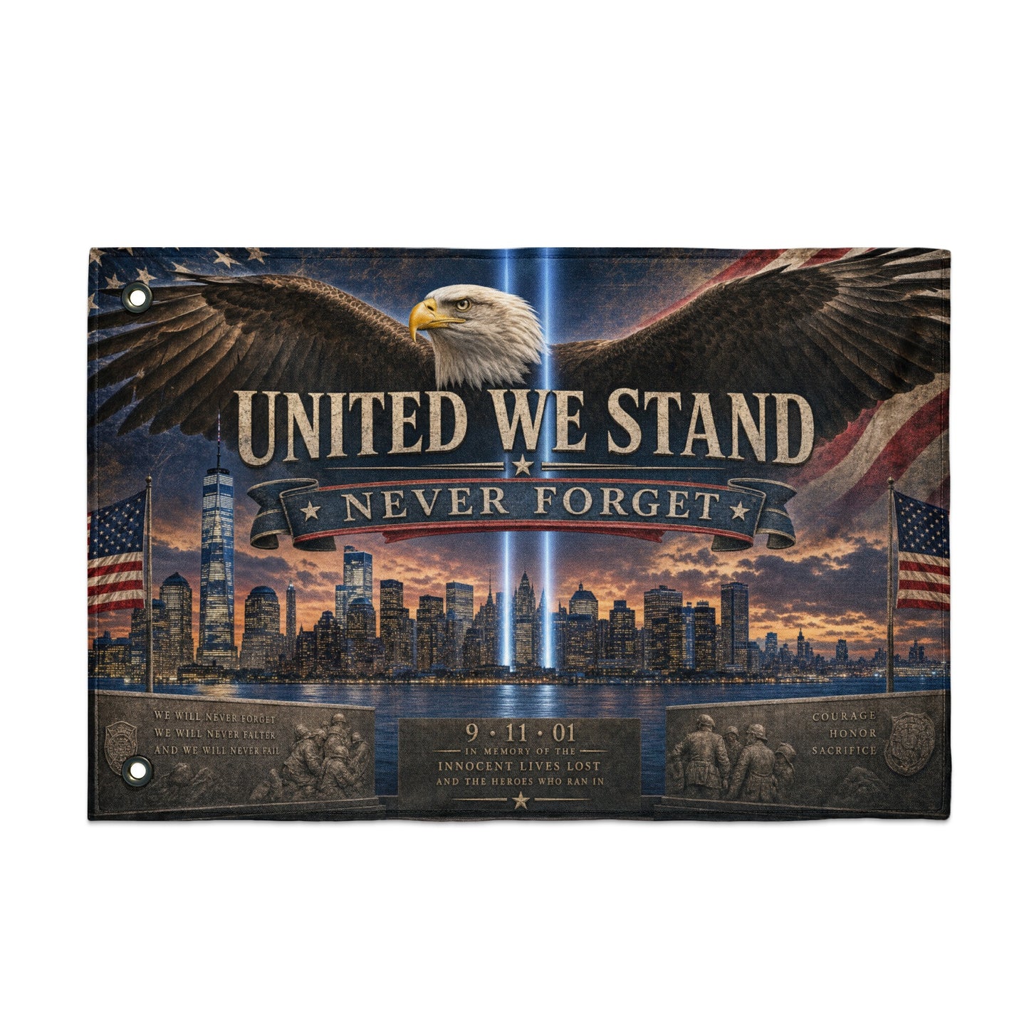 Banner: United We Stand Never Forget, 9-11-01, eagle, US flag, and New York City skyline.