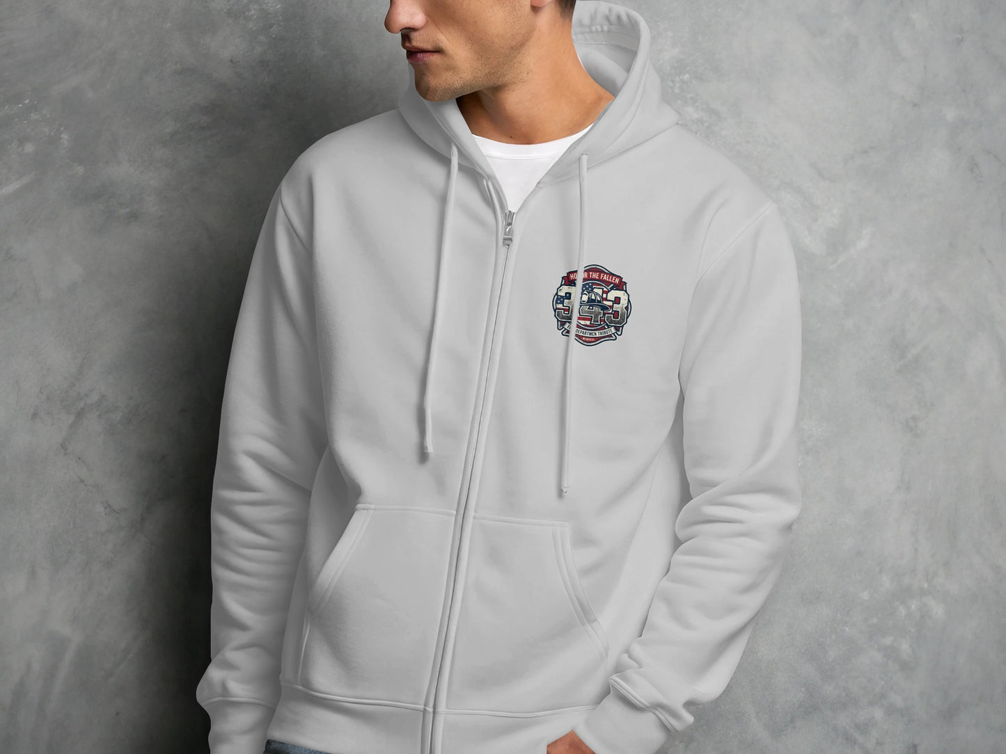 White zip-up hoodie with "Honor the Fallen 343" logo on the left chest.