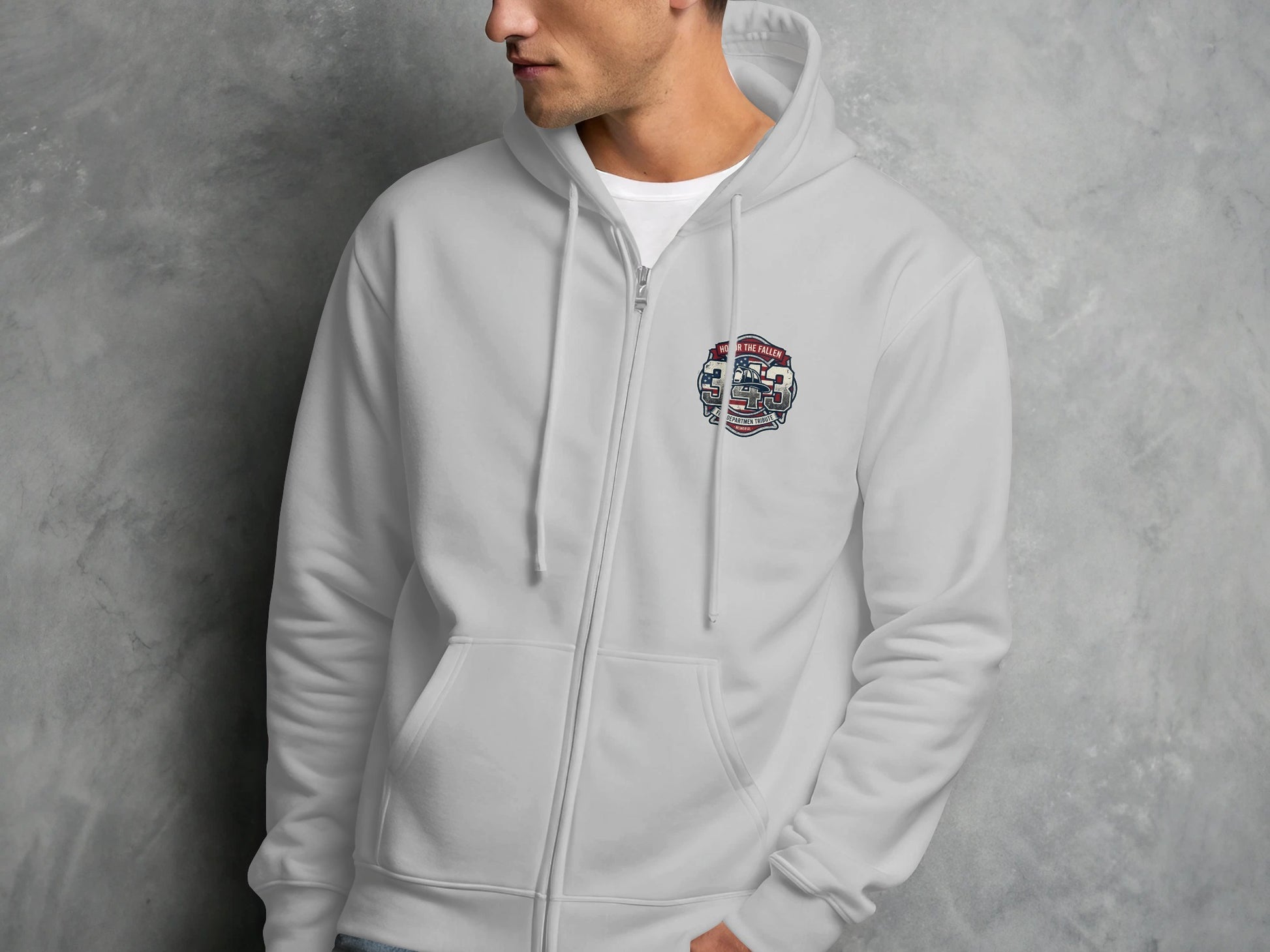 White zip-up hoodie with "Honor the Fallen 343" logo on the left chest.