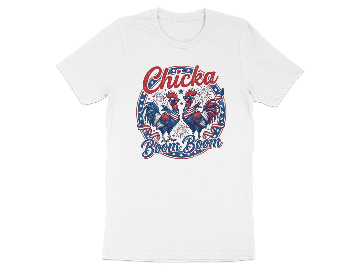 White t-shirt with two roosters, "Chicka Boom Boom" text, and patriotic stars and stripes.