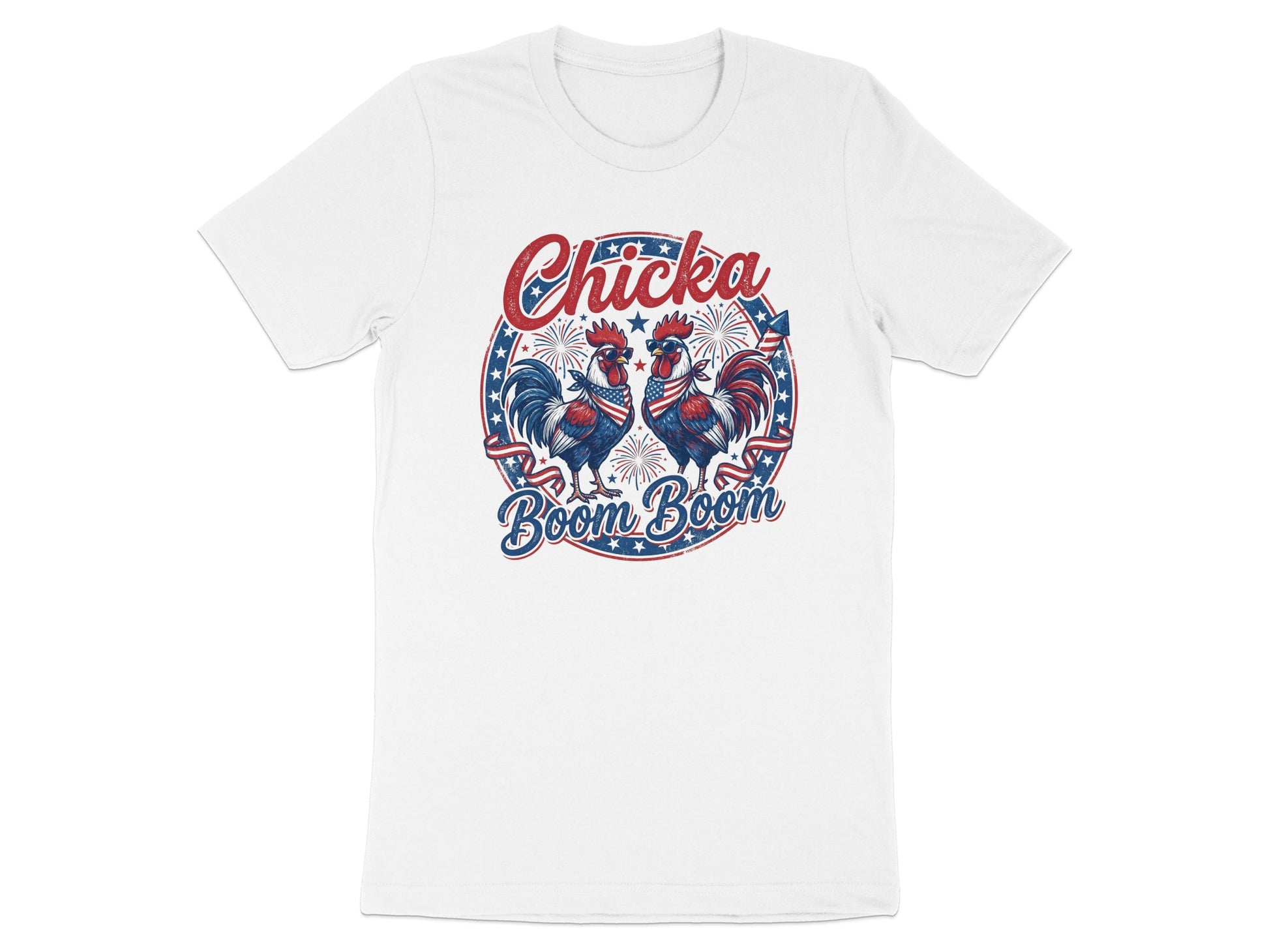 White t-shirt with two roosters, "Chicka Boom Boom" text, and patriotic stars and stripes.