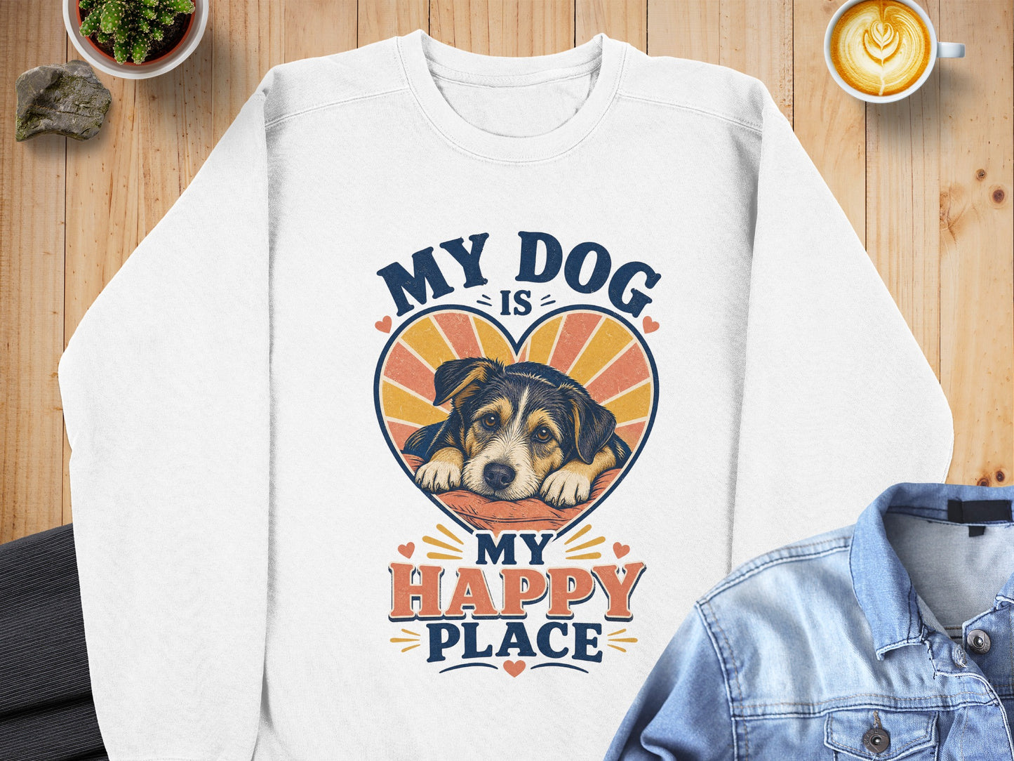 White sweatshirt with "MY DOG IS MY HAPPY PLACE" text and a dog in a heart design.