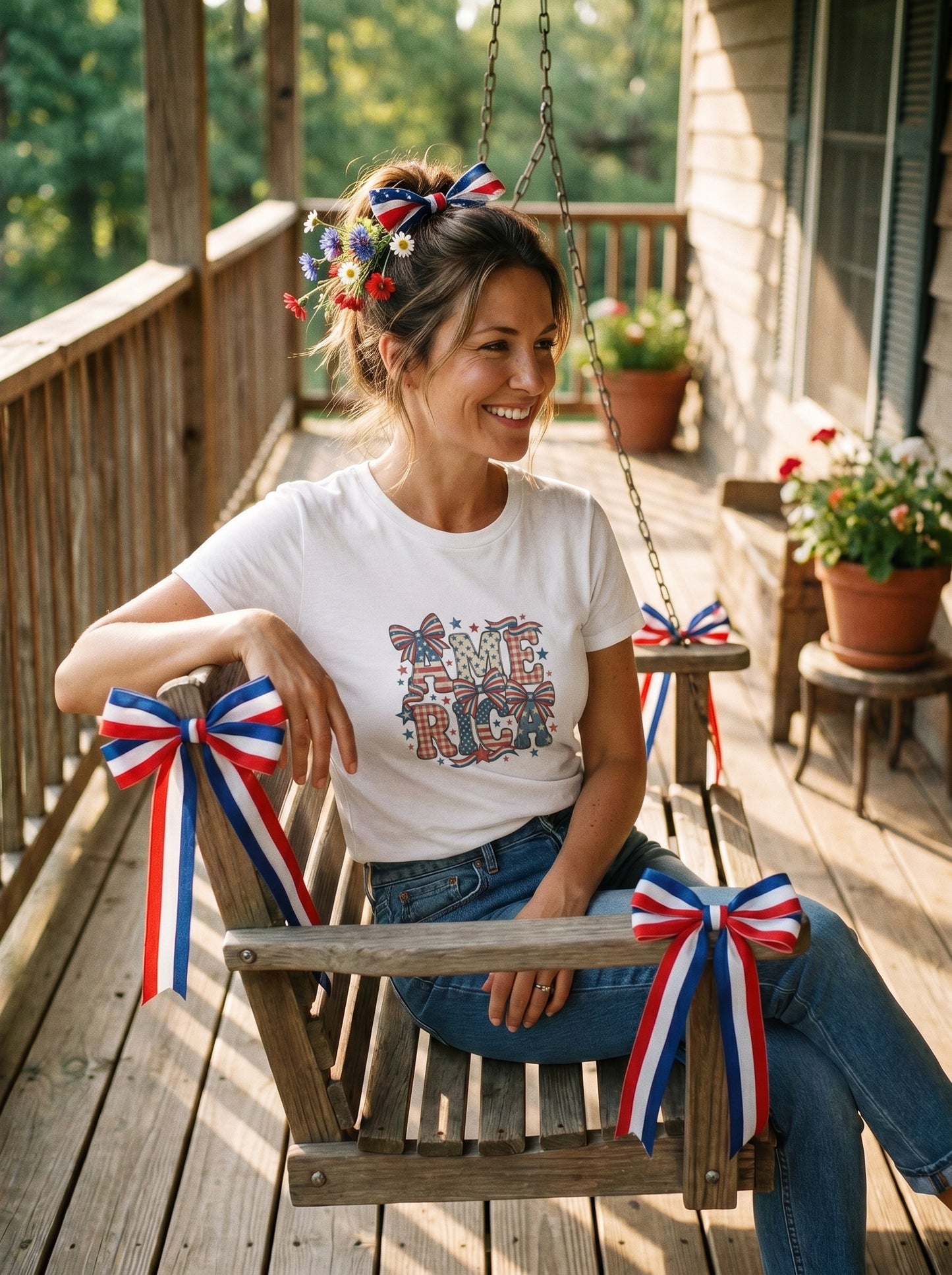 Lifestyle photo of woman wearing Vintage Americana Bows T-Shirt