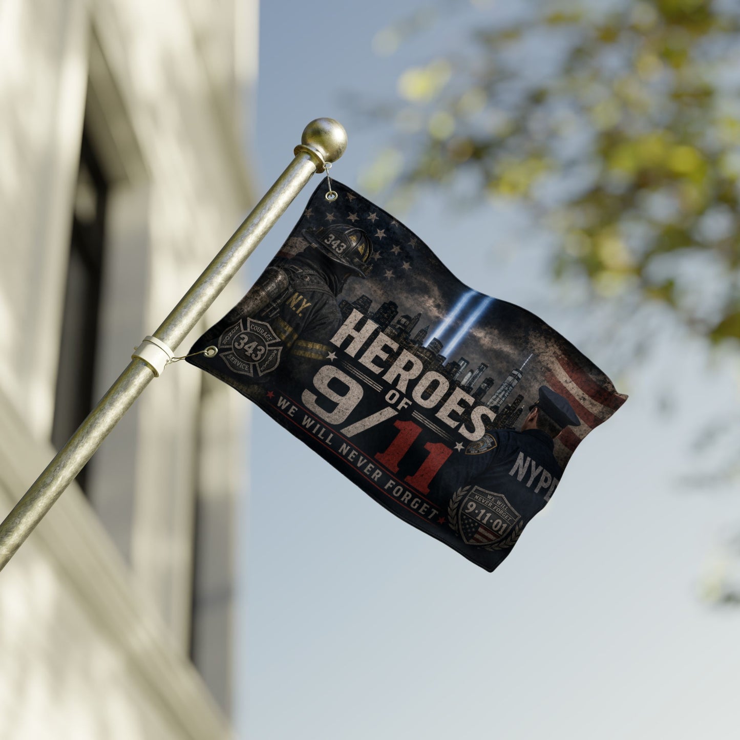 Flag with "Heroes of 9/11" and firefighter and police imagery.