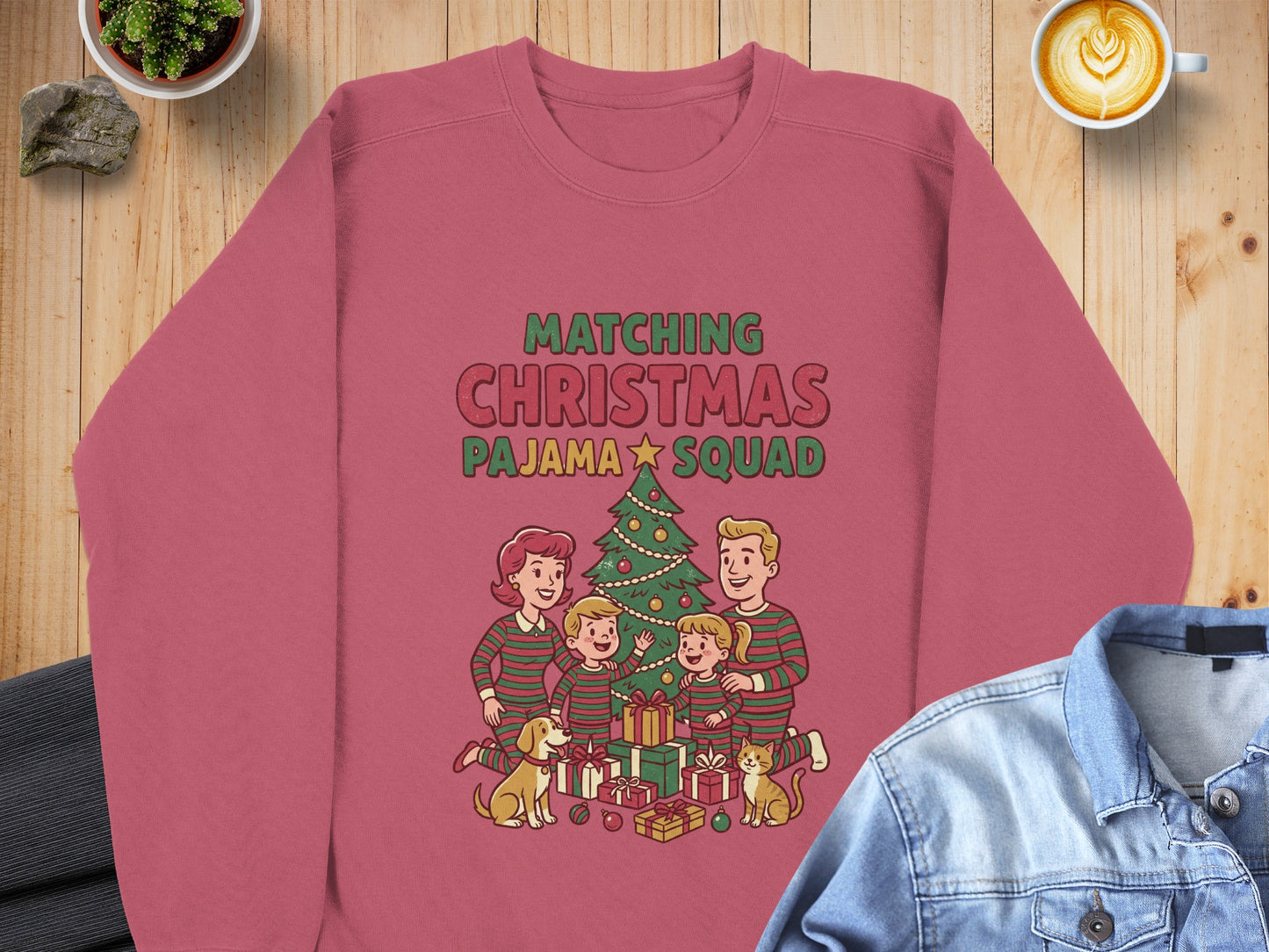 Crewneck sweatshirt with "Matching Christmas Pajama Squad" text and family illustration.