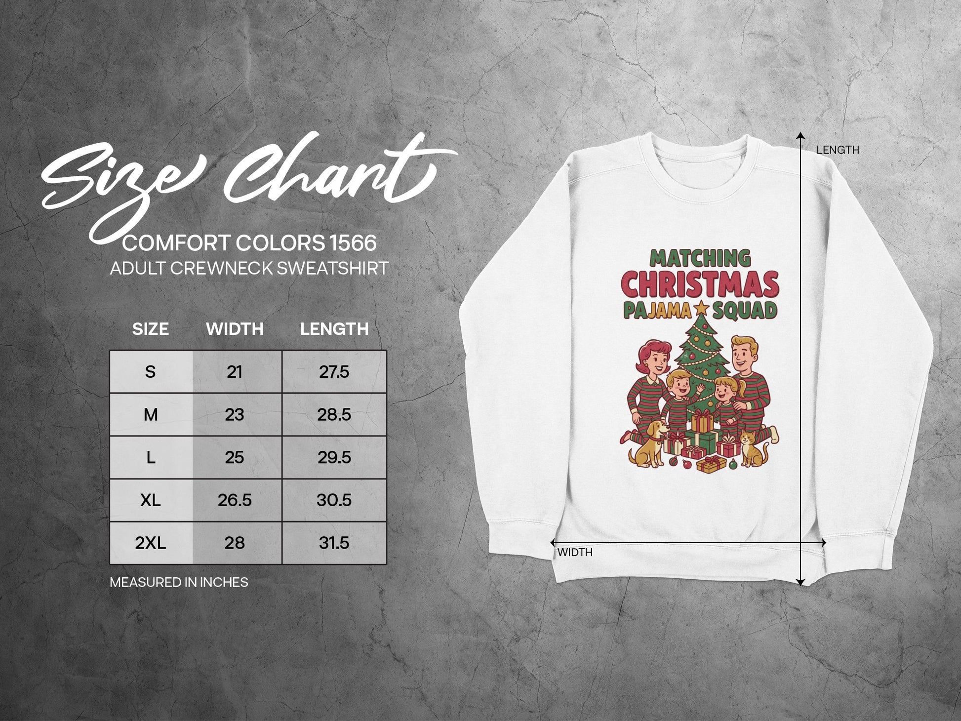 Size chart for adult crewneck sweatshirt with "Matching Christmas Pajama Squad" graphic.