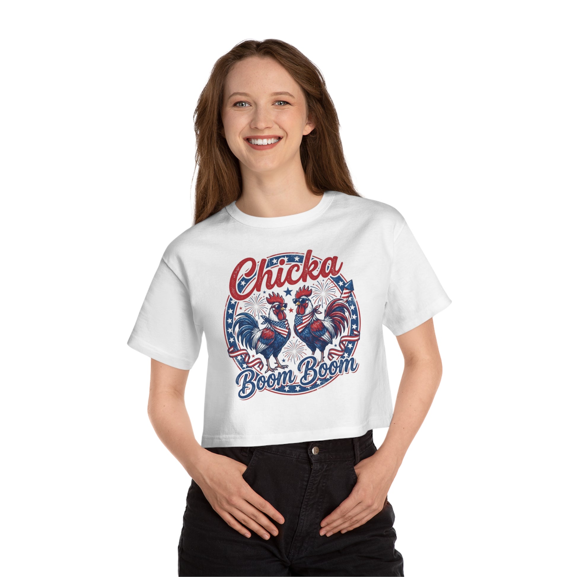 White crop top with roosters wearing sunglasses and bandanas, text "Chicka Boom Boom"