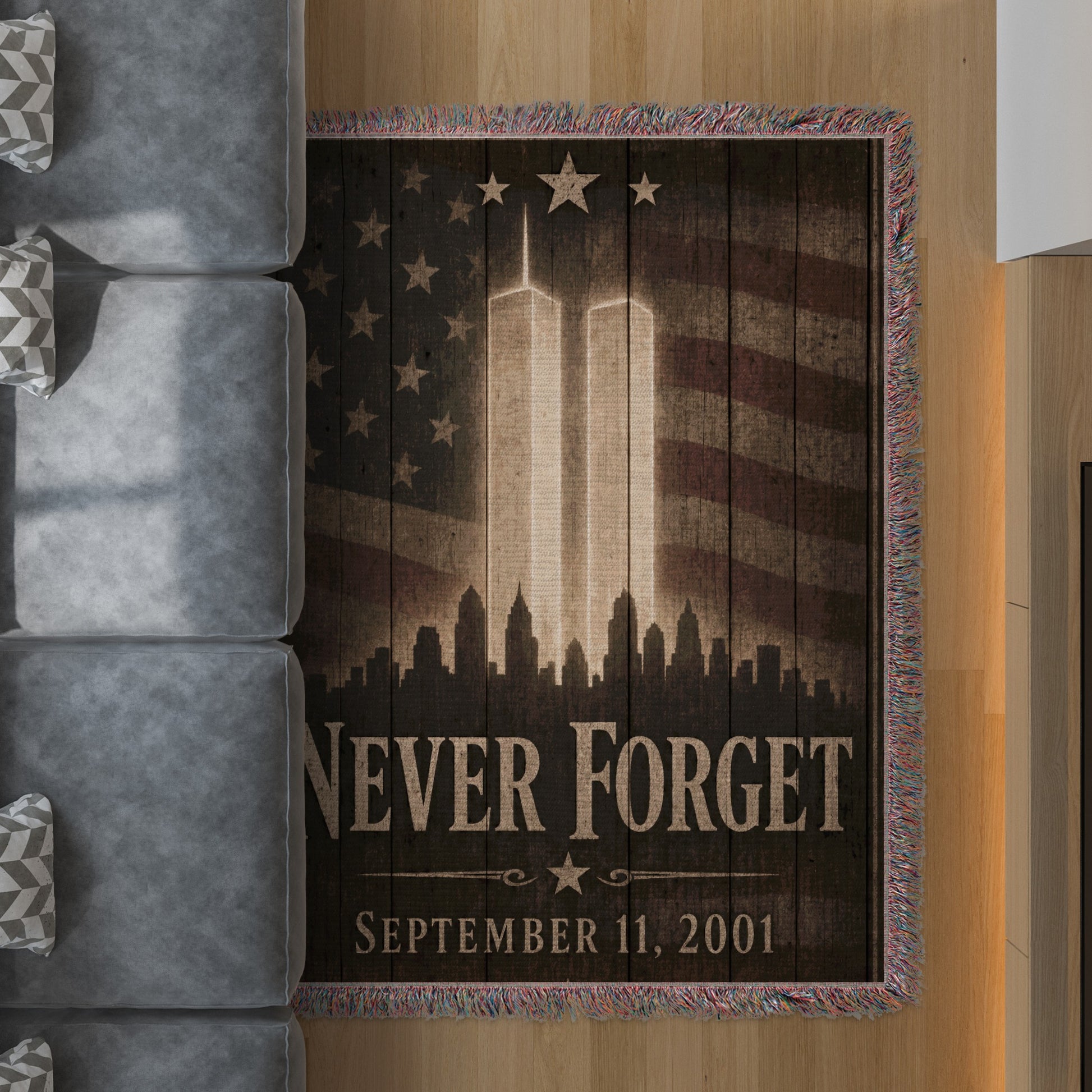 Tapestry with World Trade Center, American flag, and "Never Forget September 11, 2001."