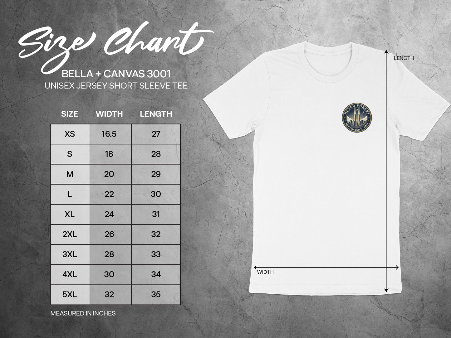 Bella + Canvas 3001 unisex t-shirt size chart with width and length measurements in inches.