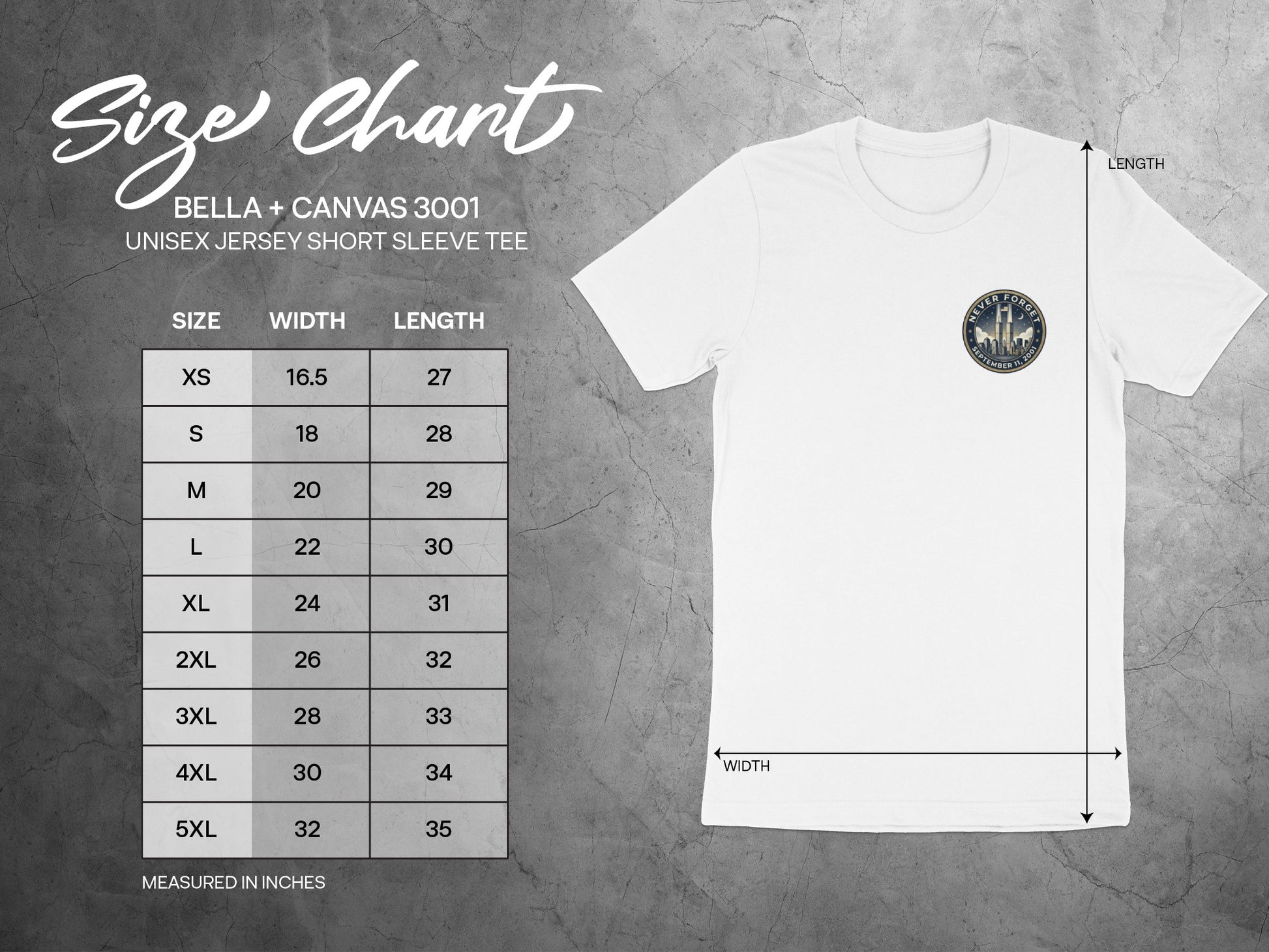 Bella + Canvas 3001 unisex t-shirt size chart with width and length measurements in inches.