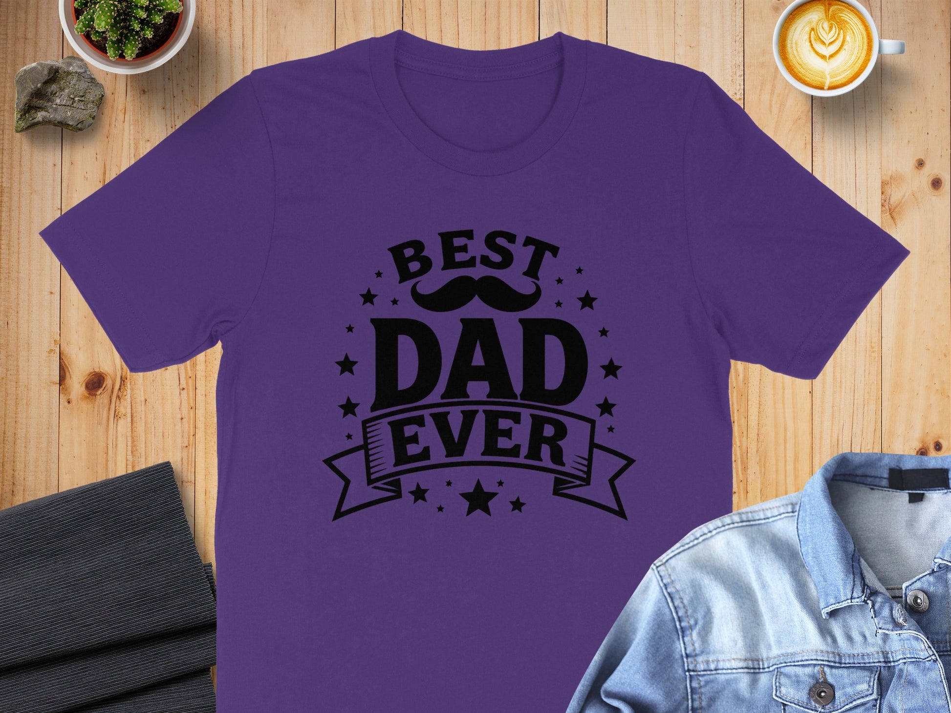 Purple t-shirt with "BEST DAD EVER" text and mustache graphic.