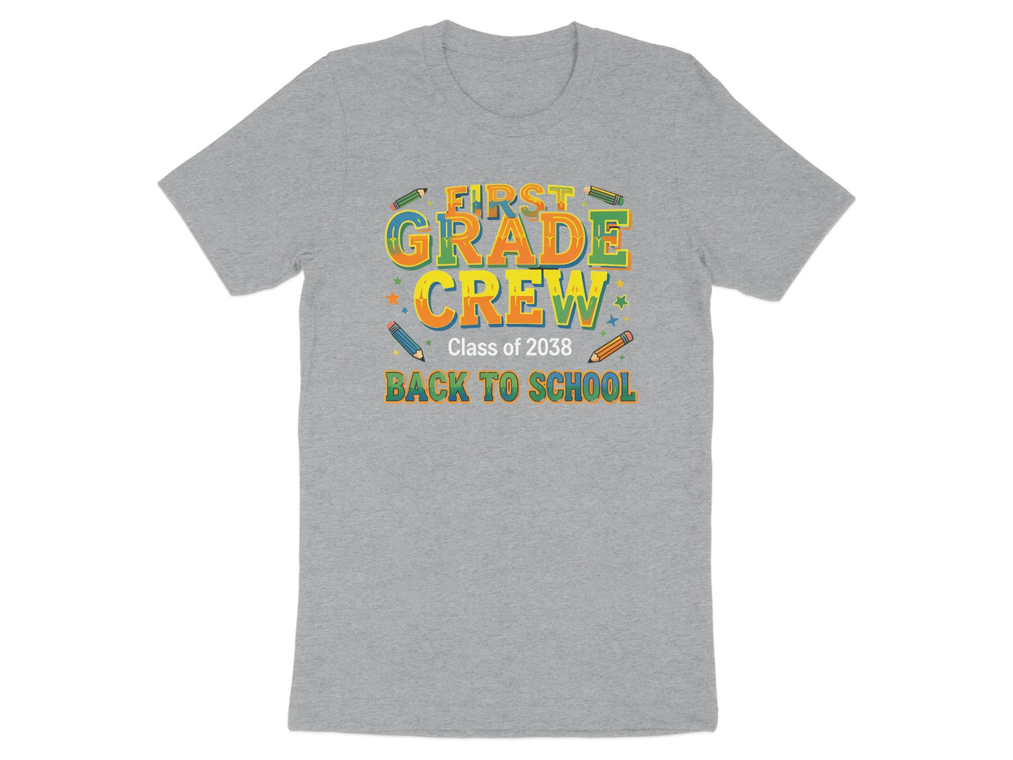 Grey t-shirt with "First Grade Crew Class of 2038 Back to School" text.