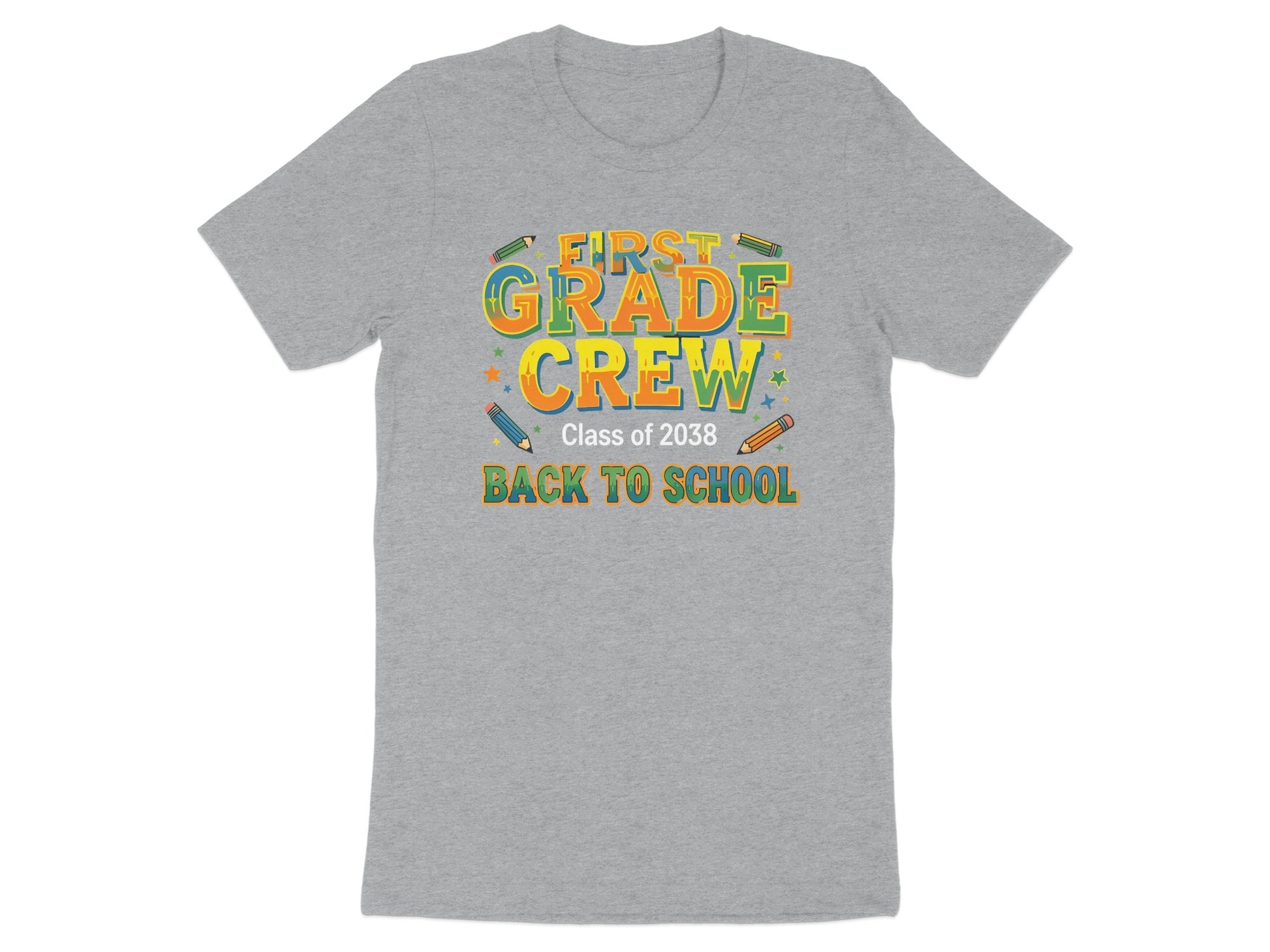 Grey t-shirt with "First Grade Crew Class of 2038 Back to School" text.