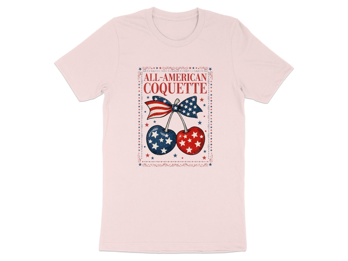 Pink t-shirt with "All-American Coquette" and patriotic cherries graphic.