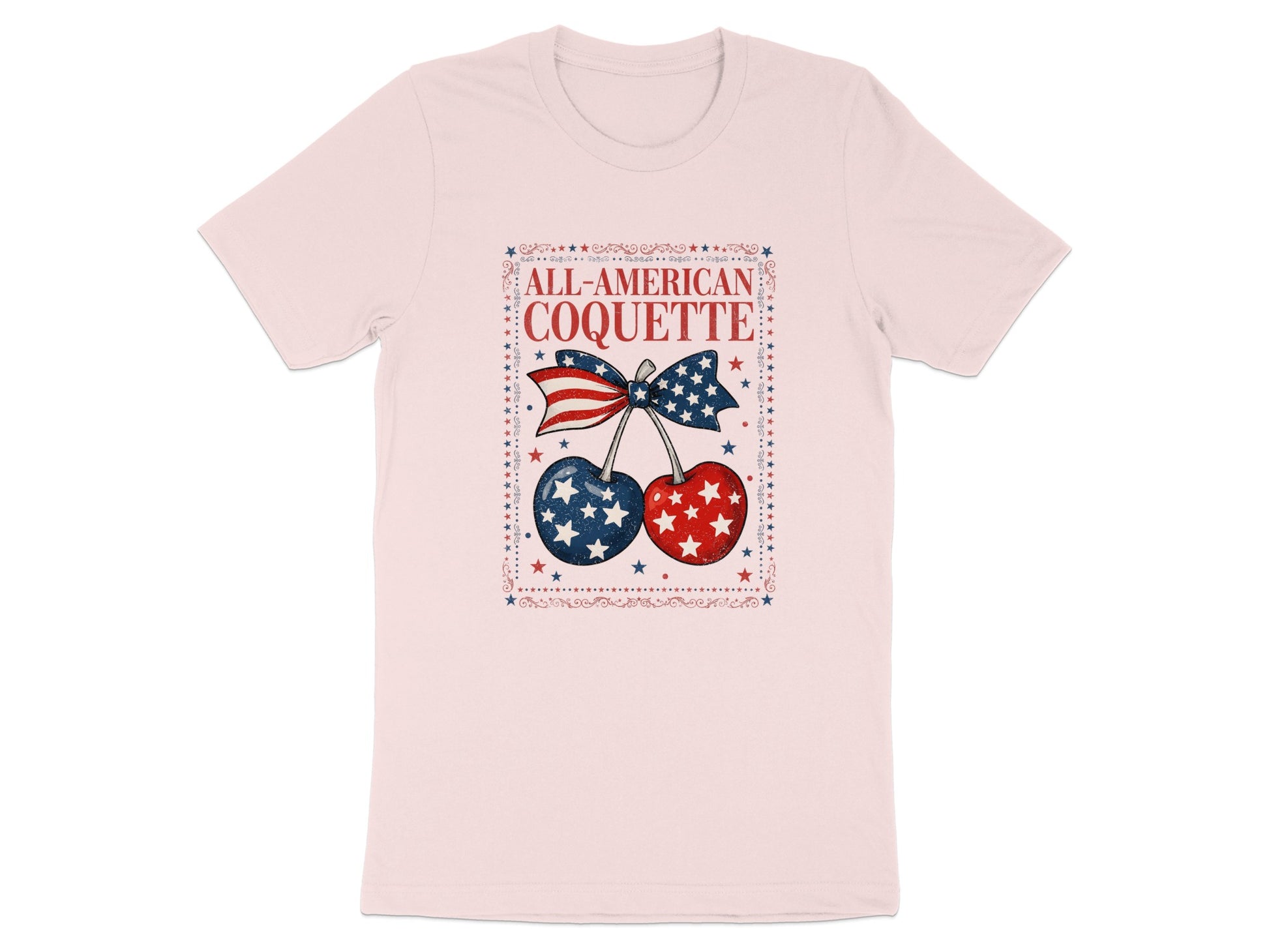 Pink t-shirt with "All-American Coquette" and patriotic cherries graphic.