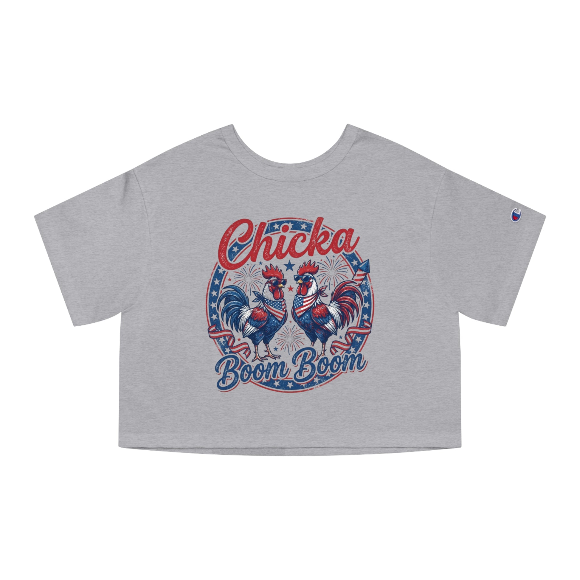 Gray crop top with two roosters in sunglasses and American flag bandanas, text "Chicka Boom Boom".