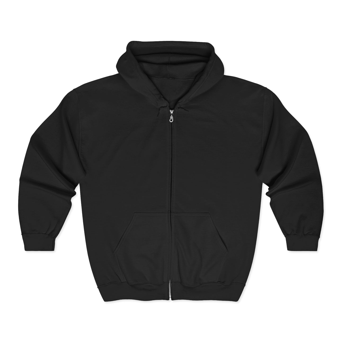 Black zippered hoodie with hood up, on a white background.