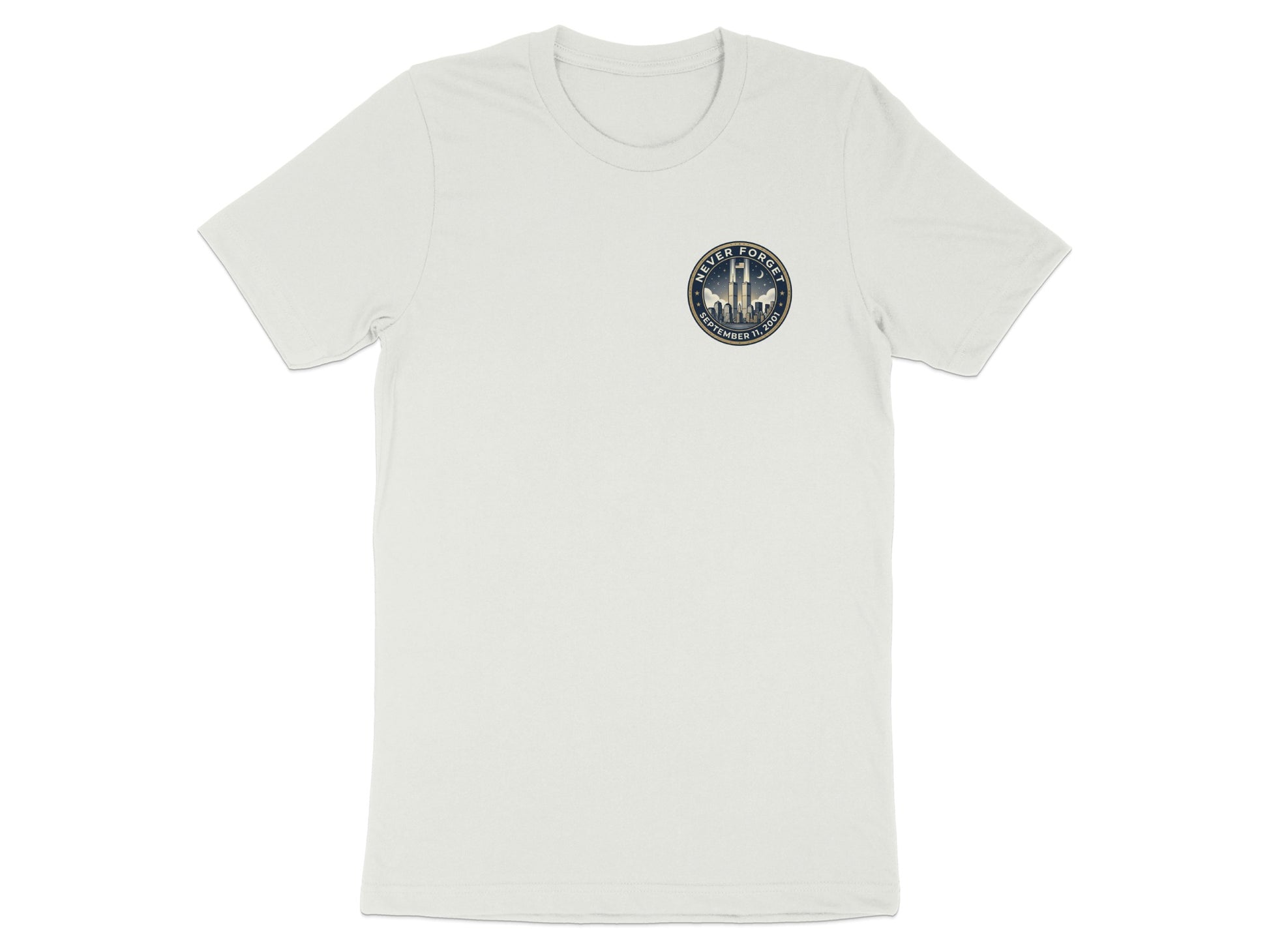 White t-shirt with "Never Forget September 11, 2001" and Twin Towers graphic.