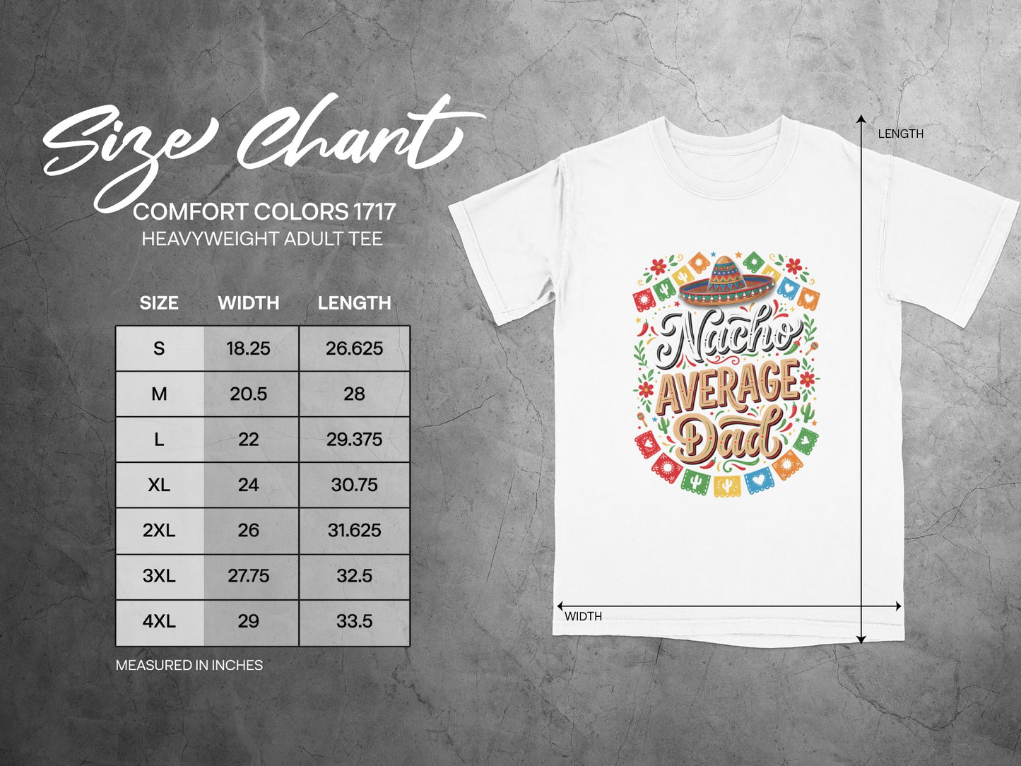 Size chart for a heavyweight adult tee showing measurements for sizes S through 4XL.