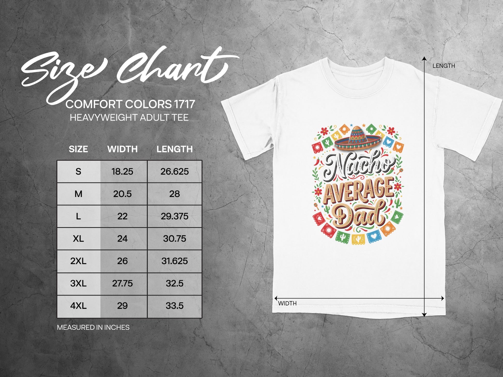 Size chart for a heavyweight adult tee showing measurements for sizes S through 4XL.