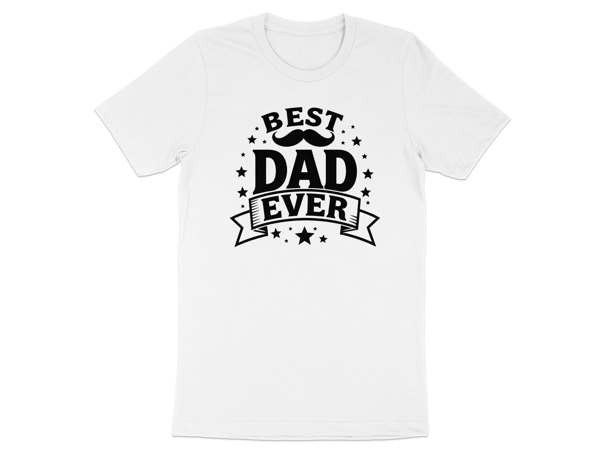 White t-shirt with black text "BEST DAD EVER" and star and mustache graphic.