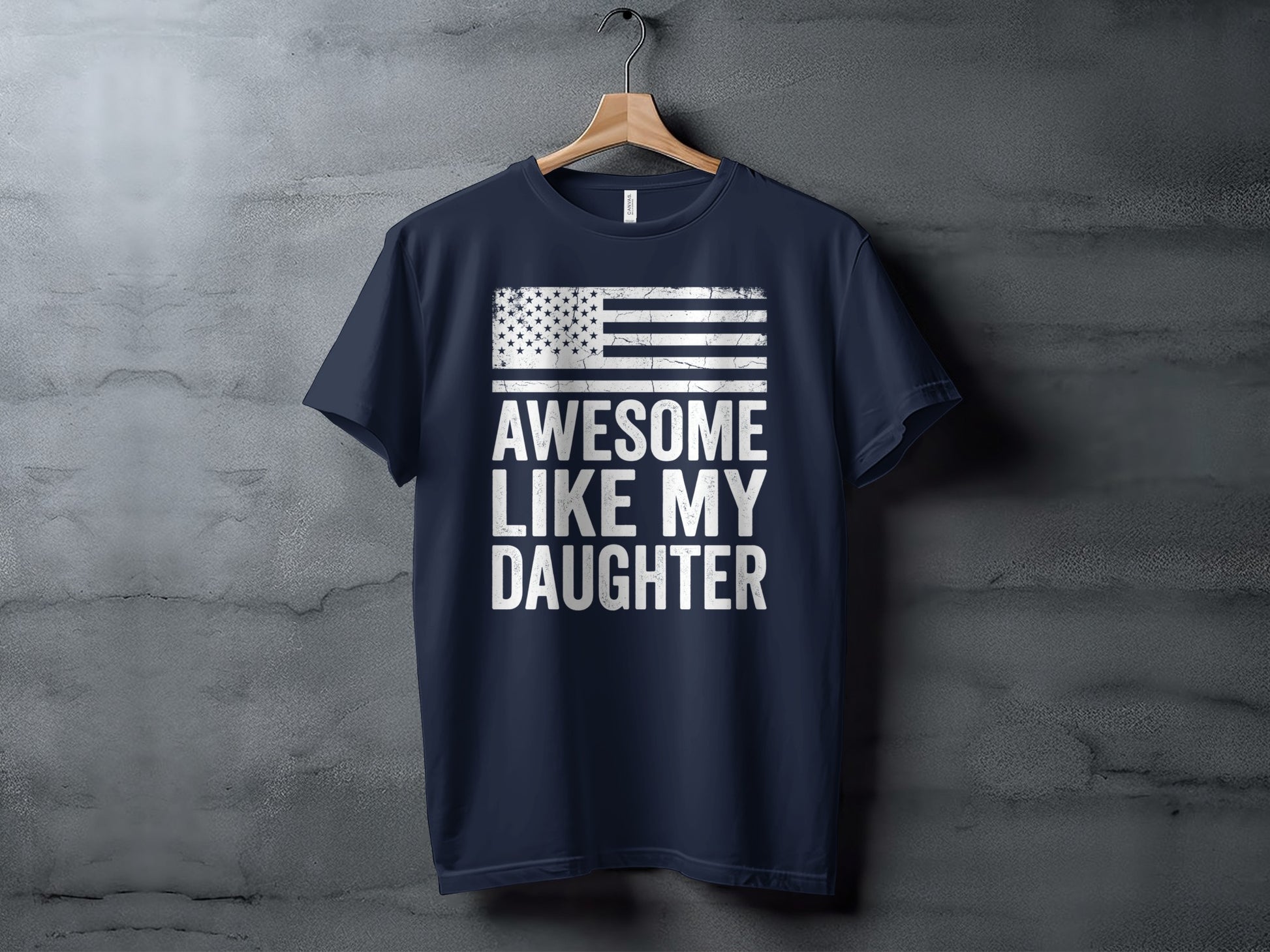 Navy t-shirt with distressed American flag and text "AWESOME LIKE MY DAUGHTER".
