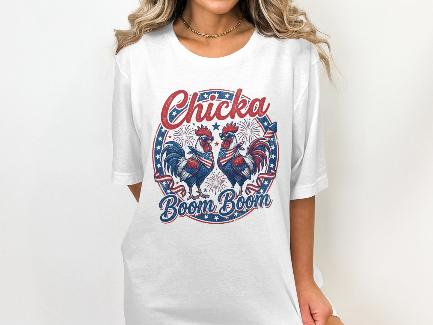 White t-shirt with roosters and "Chicka Boom Boom" in patriotic colors.