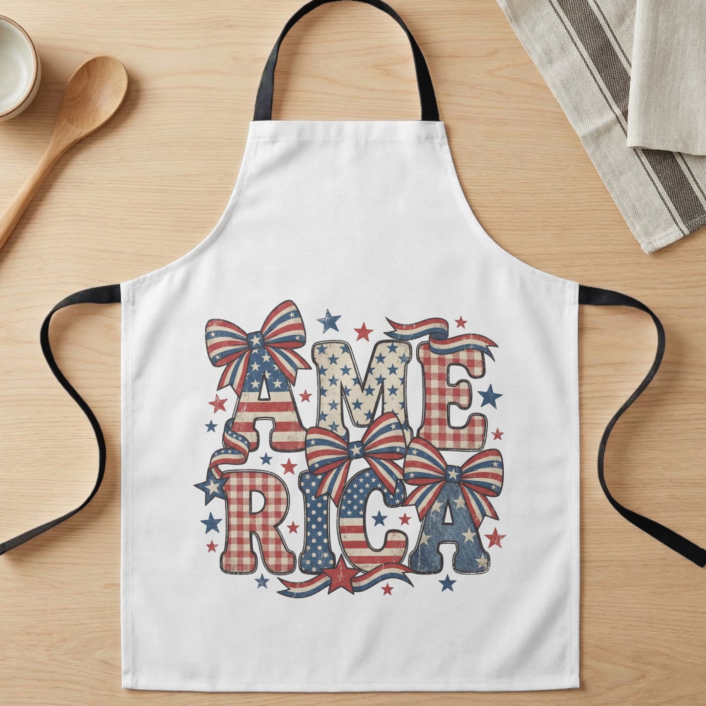 White apron with "AMERICA" text in patriotic patterns and ribbons.