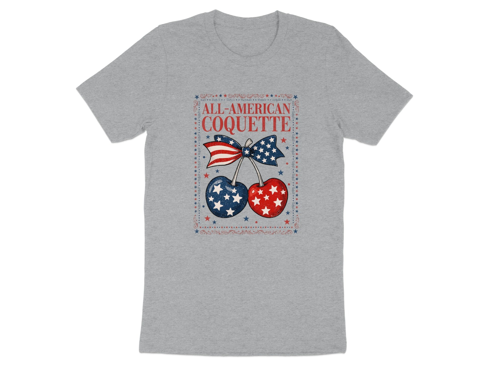 Grey t-shirt with "All-American Coquette" and patriotic cherries.