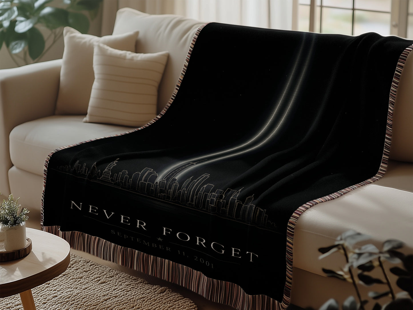 Black throw blanket with New York City skyline and "Never Forget September 11, 2001" text.