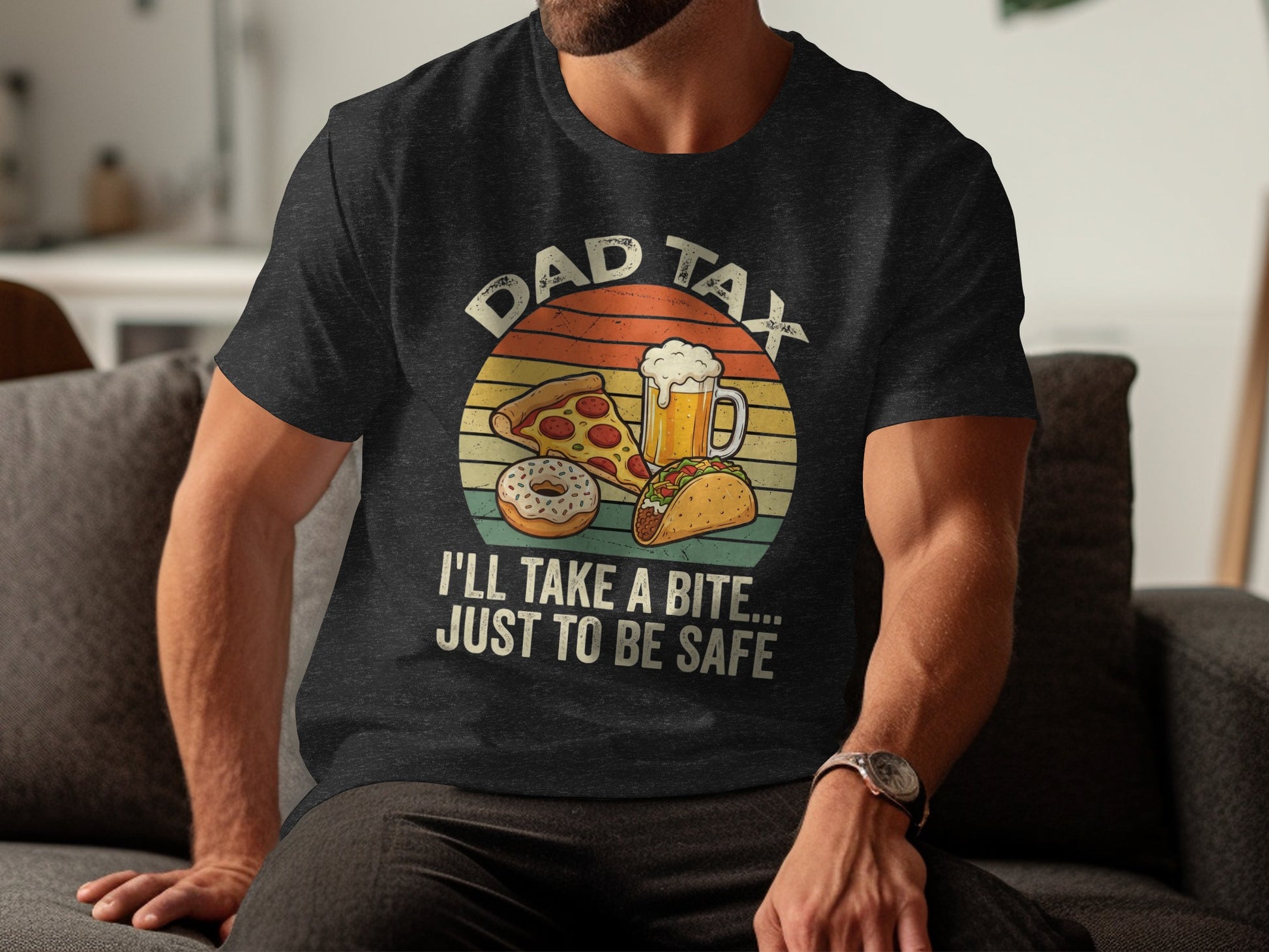 Dad Tax t-shirt with pizza, donut, taco, beer, and text.