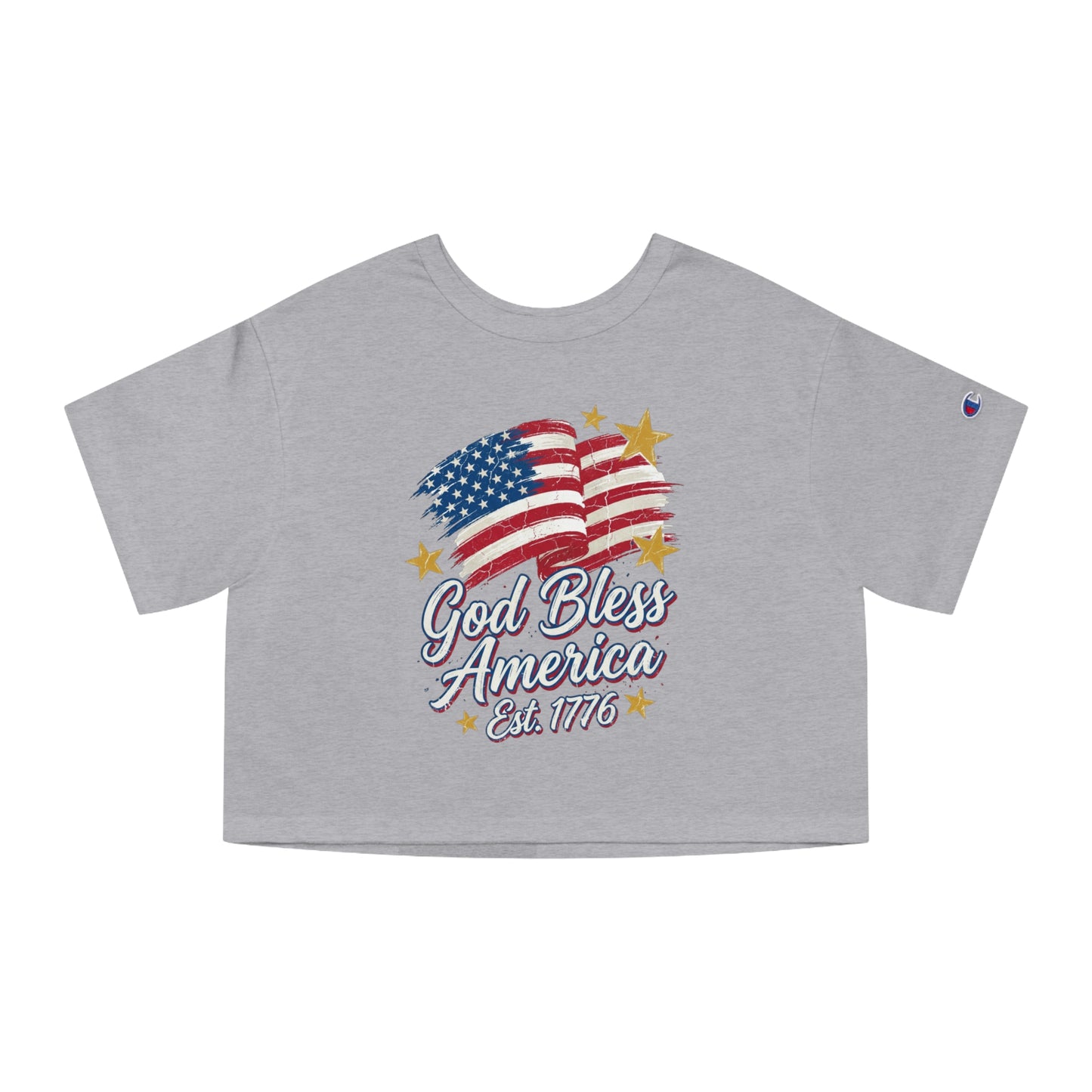 Grey crop top with distressed American flag and "God Bless America Est. 1776" text.