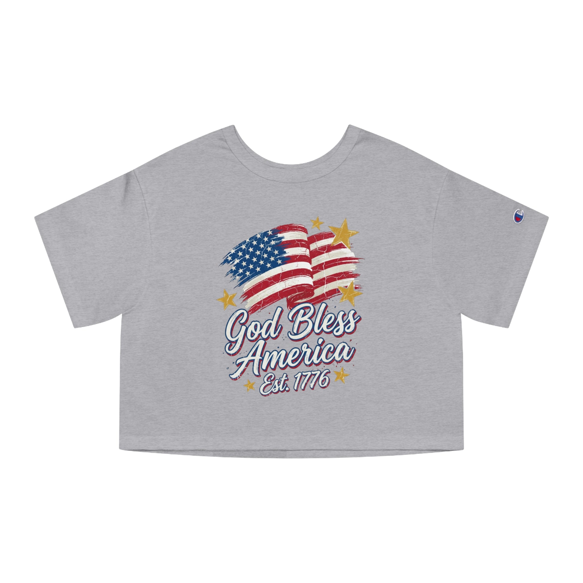 Grey crop top with distressed American flag and "God Bless America Est. 1776" text.