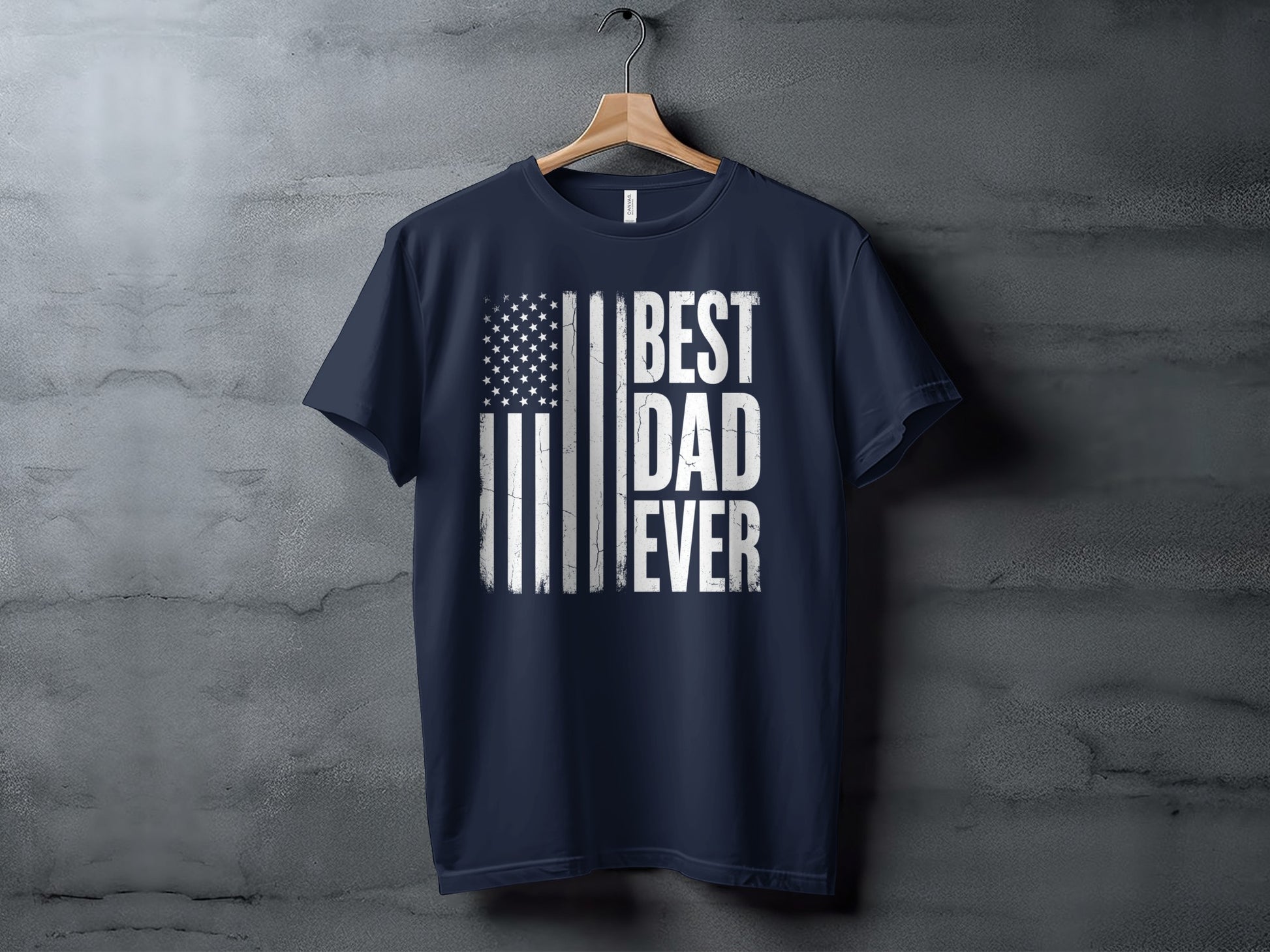 Navy blue t-shirt with distressed American flag and "BEST DAD EVER" text.
