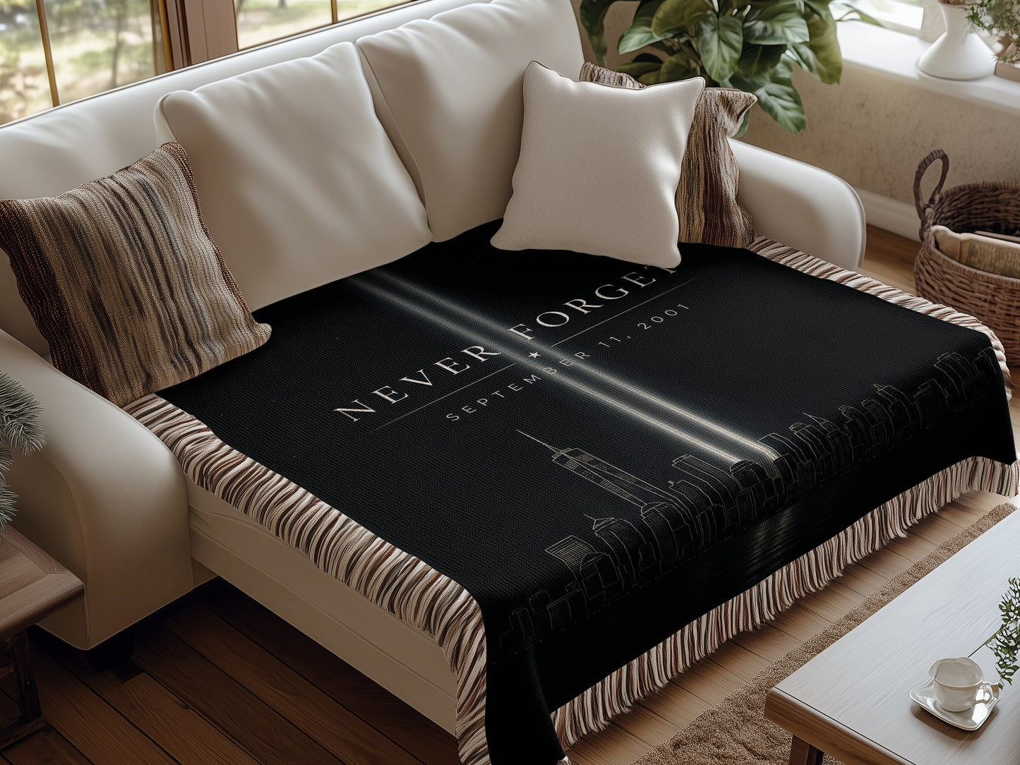 Black throw blanket with "Never Forget September 11, 2001" and New York City skyline.
