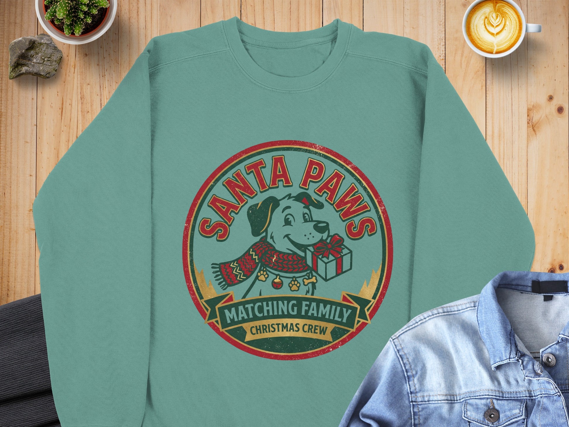 Teal crewneck sweatshirt with "Santa Paws Matching Family Christmas Crew" dog graphic.